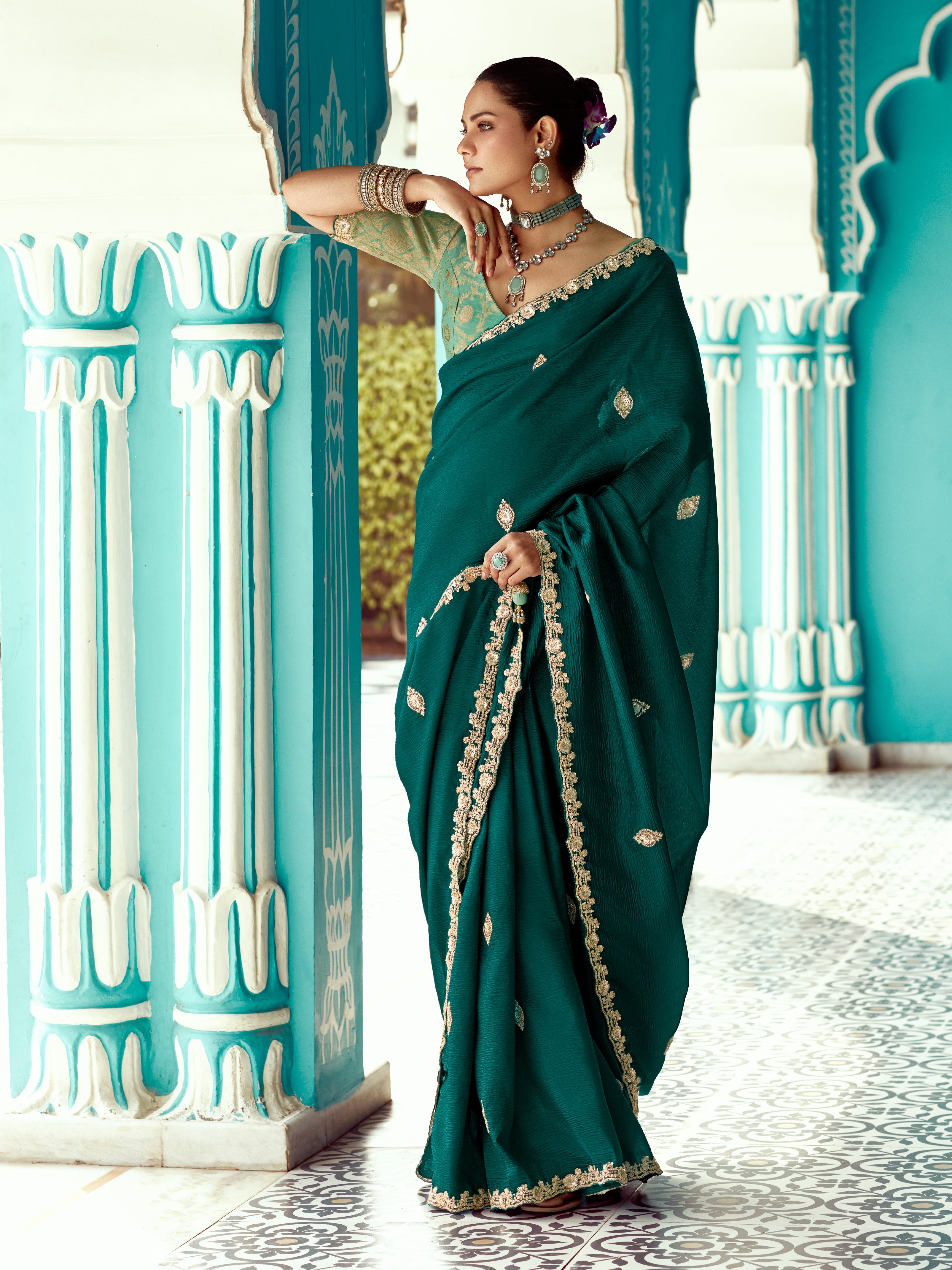 Bottle Green Organza Saree with Sequin Embroidery