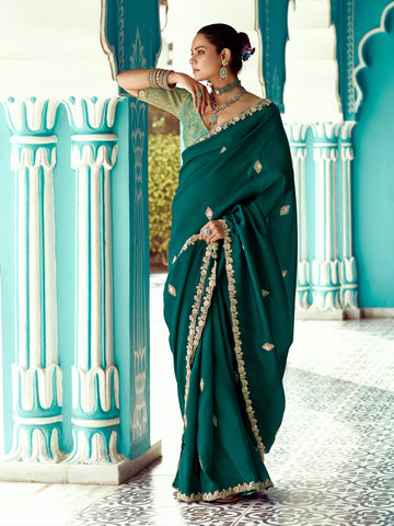 Bottle Green Organza Saree with Sequin Embroidery