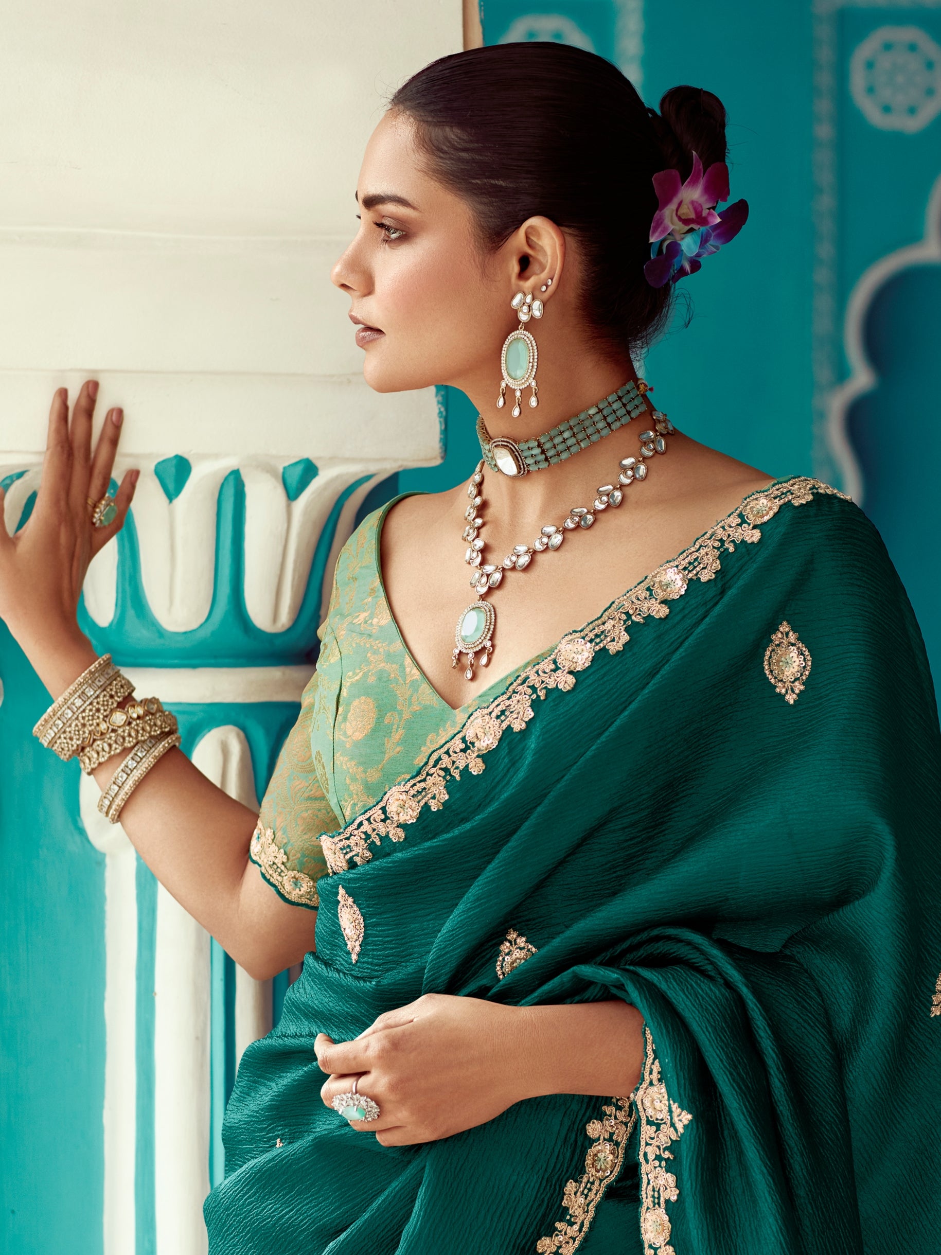 Bottle Green Organza Saree with Sequin Embroidery