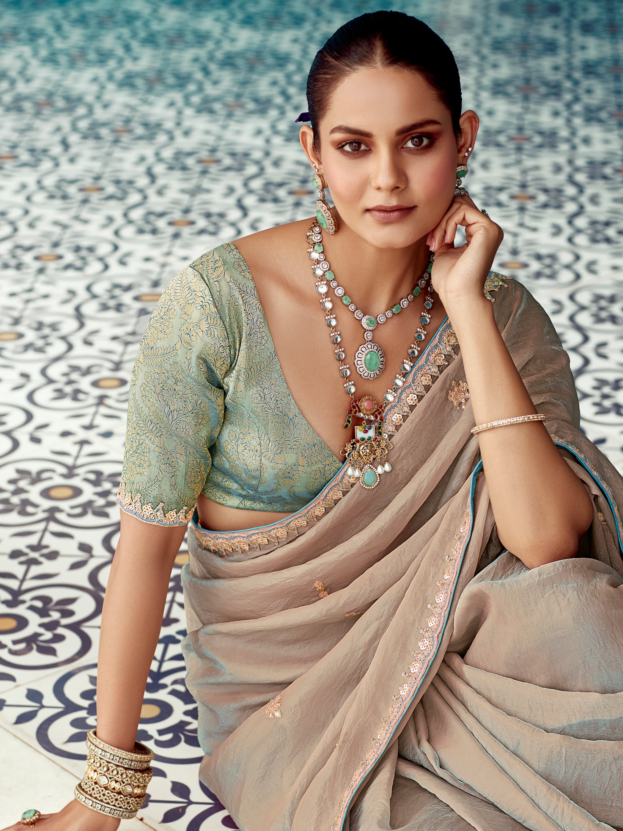 Taupe Grey Glass Tissue Saree with Embroidery