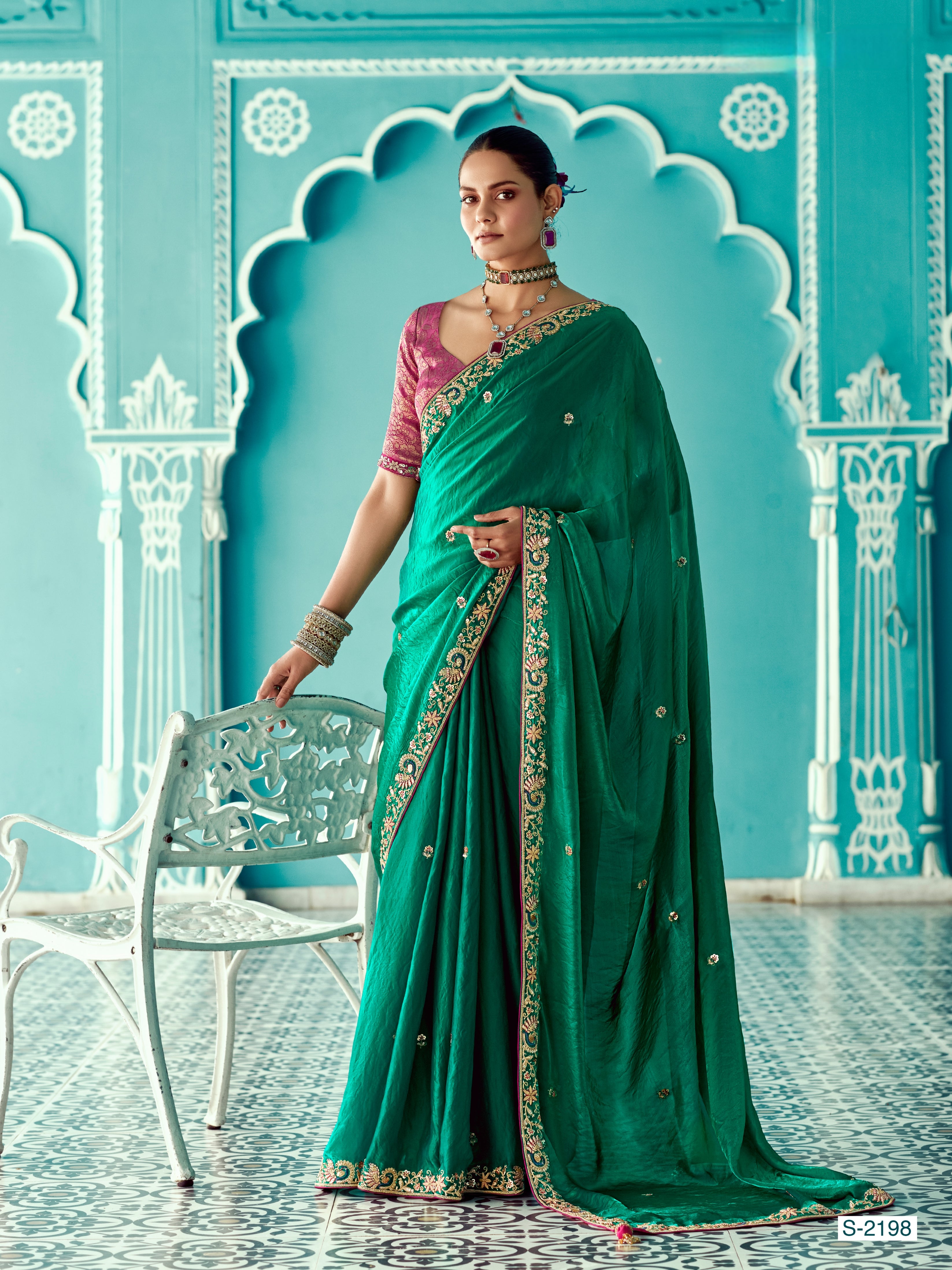 Emerald Green Organza Saree with Heavy Border