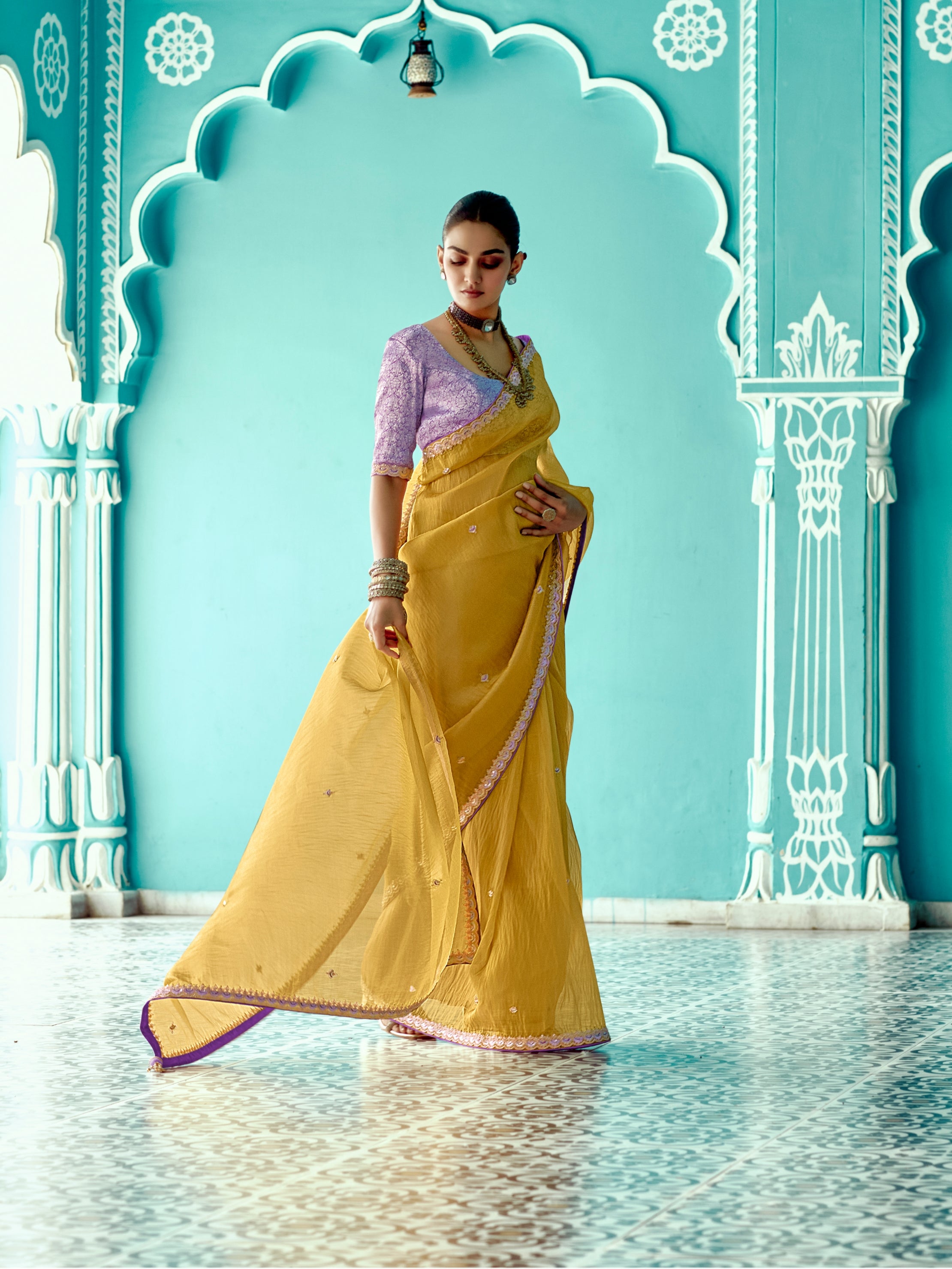 Mustard Yellow Organza Saree with Sequin Embroidery