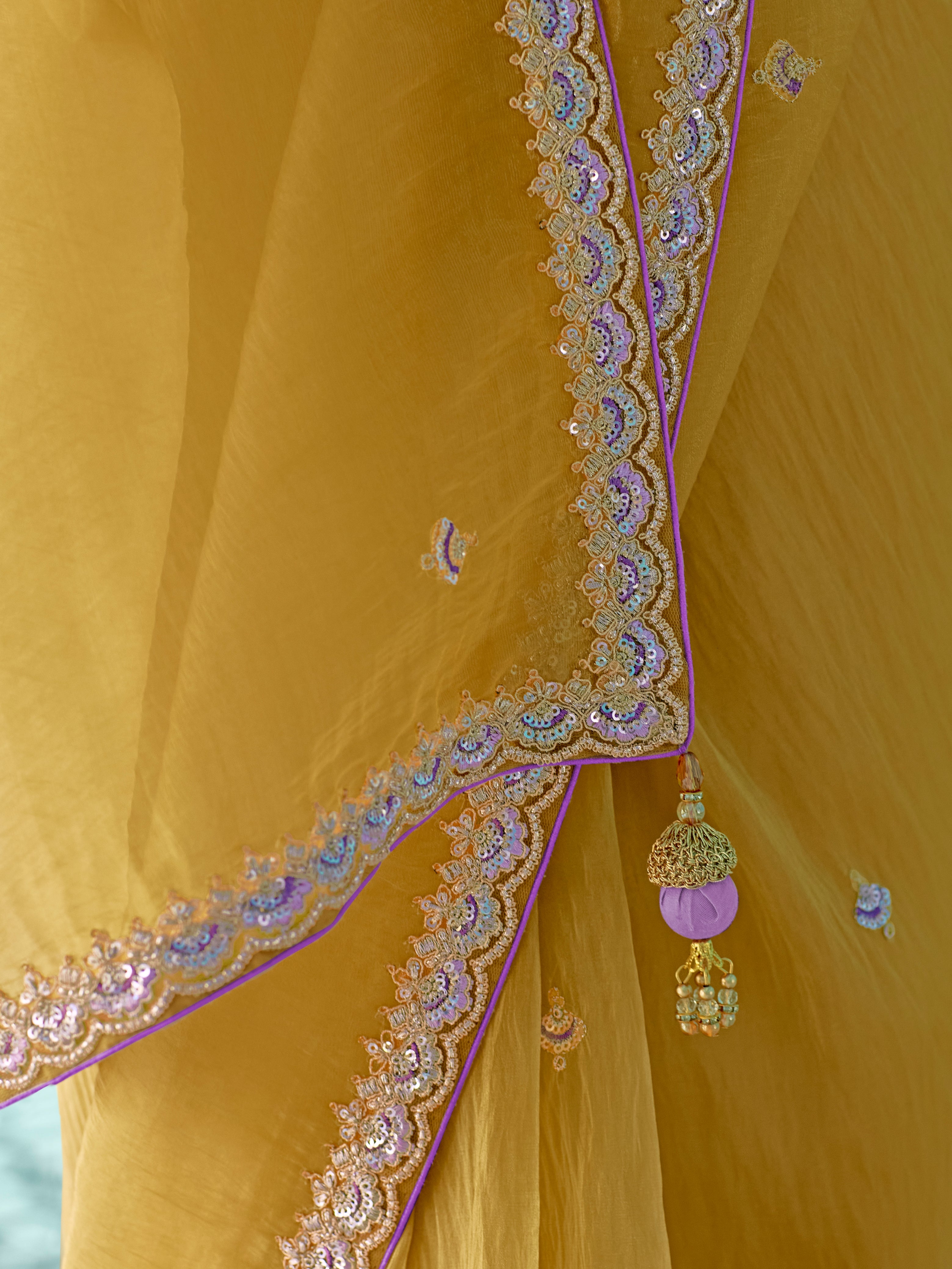 Mustard Yellow Organza Saree with Sequin Embroidery
