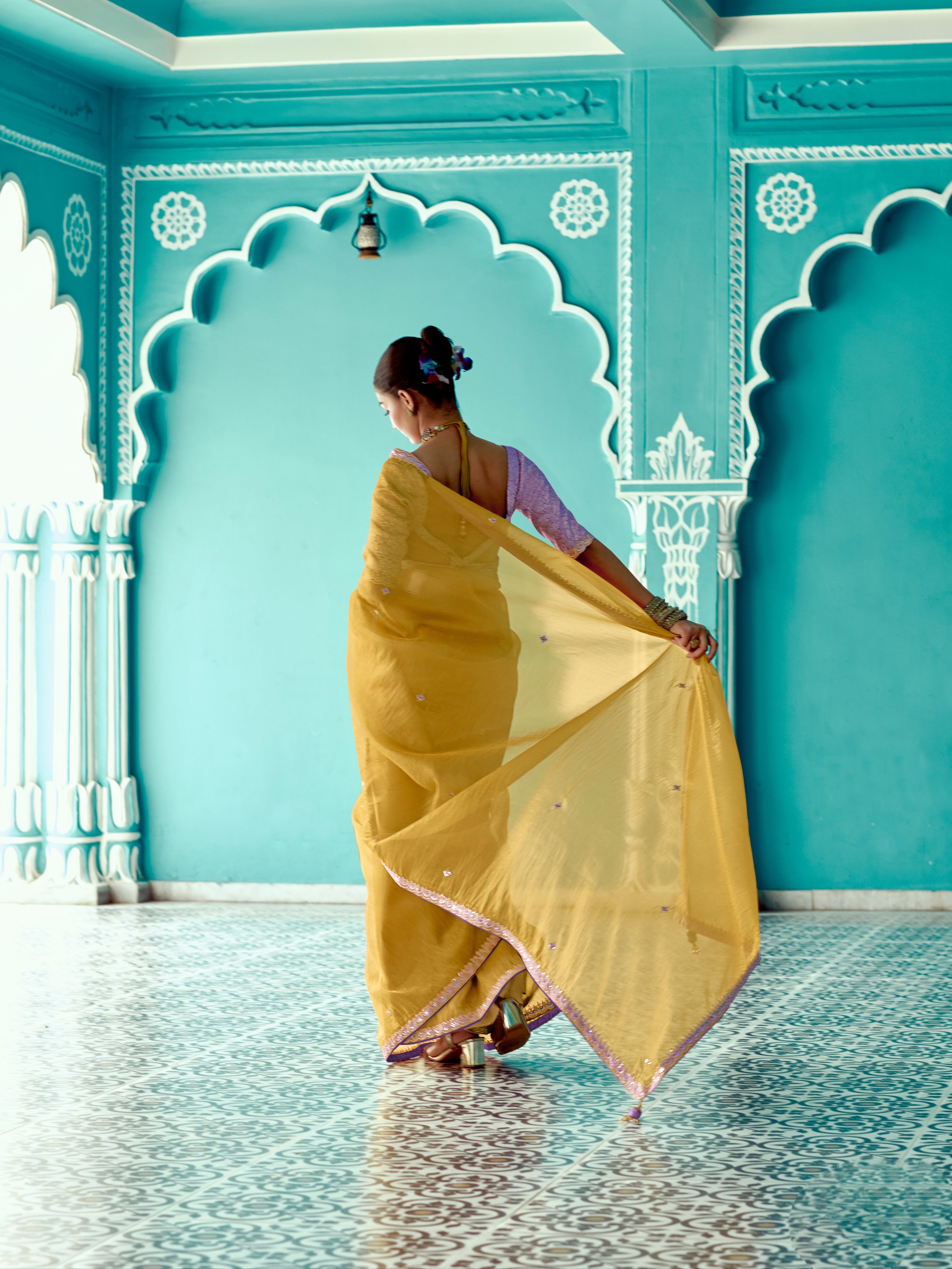 Mustard Yellow Organza Saree with Sequin Embroidery