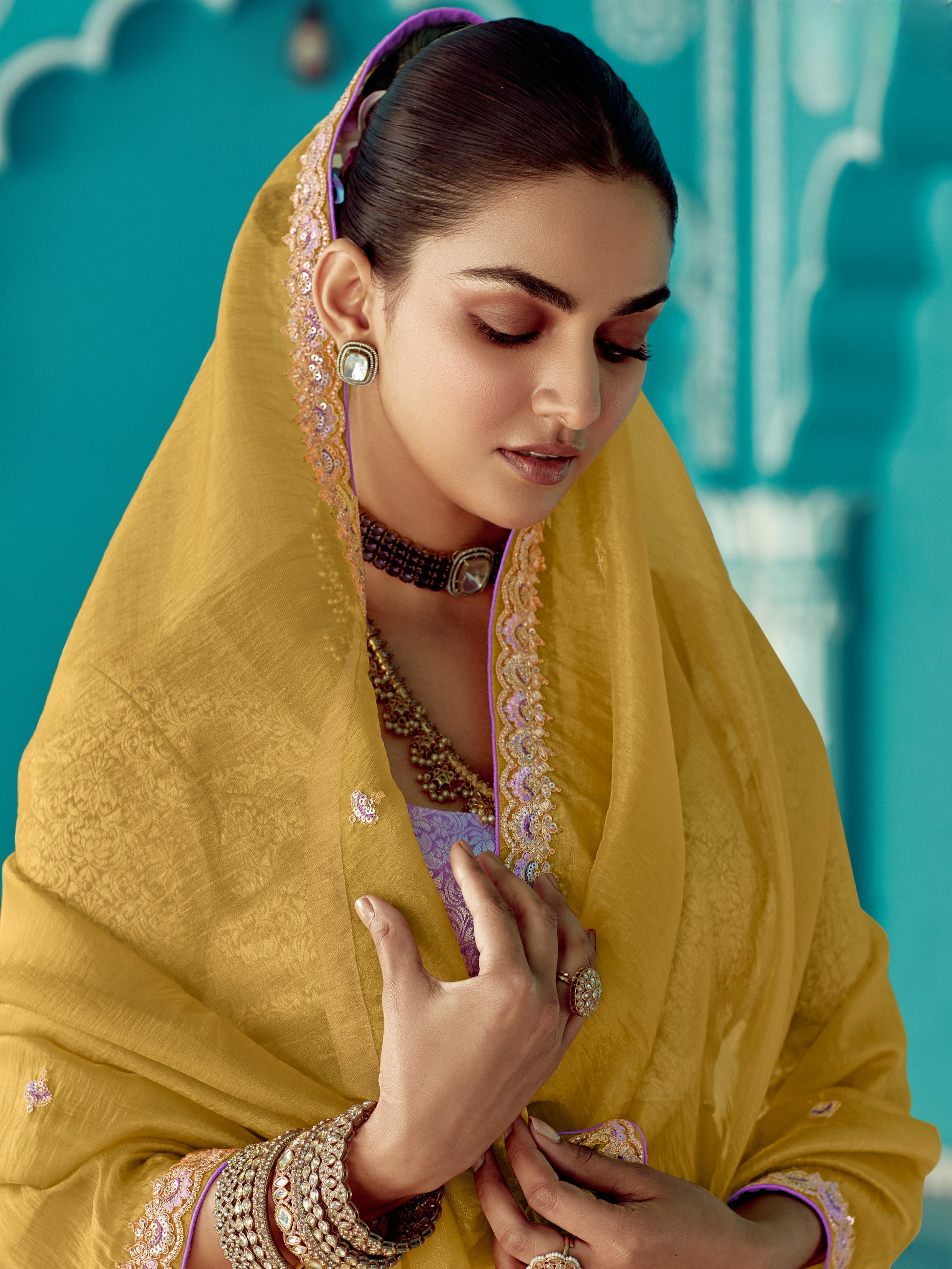 Mustard Yellow Organza Saree with Sequin Embroidery