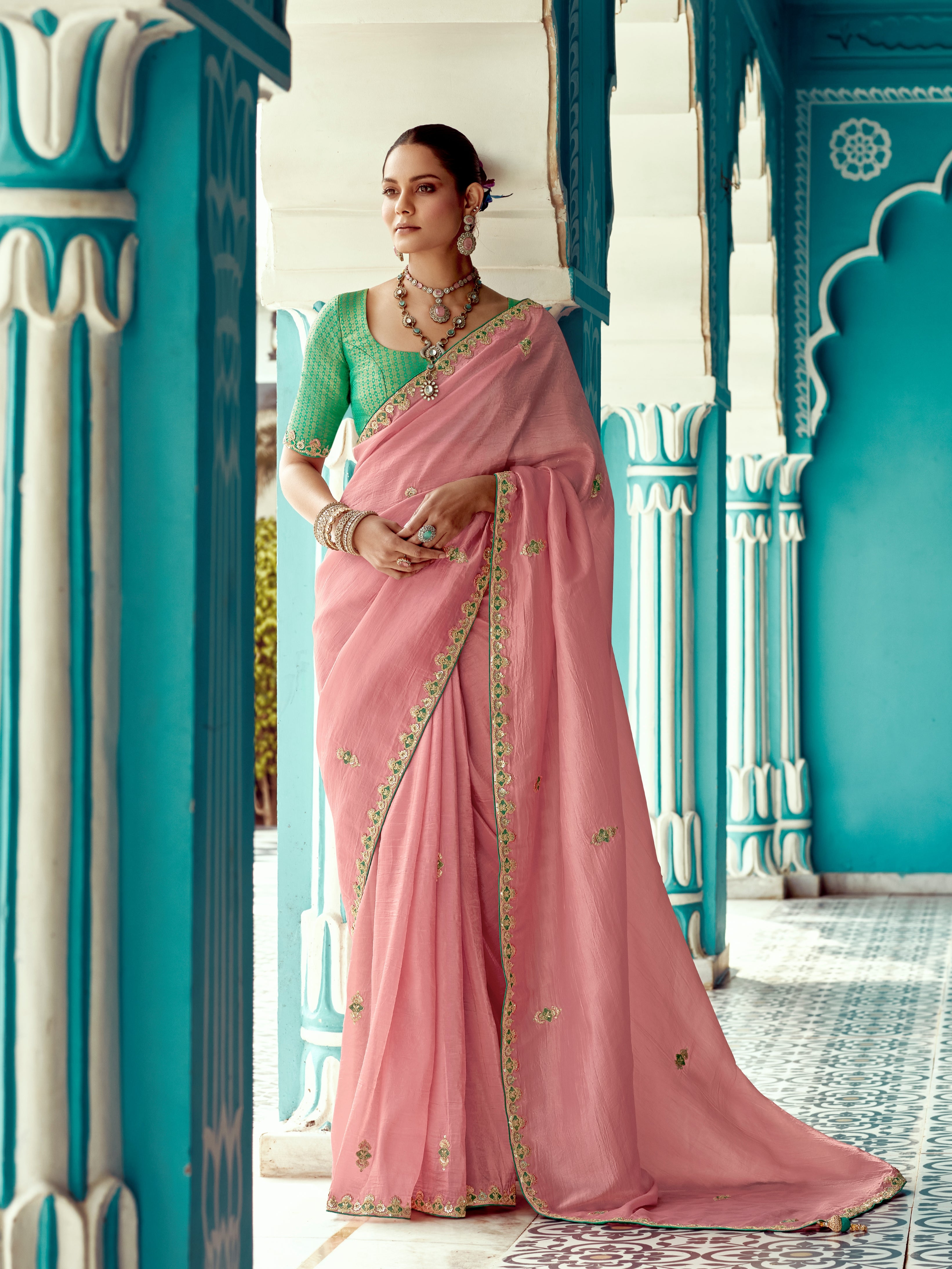 Blush Pink Organza Saree with Sequin Work