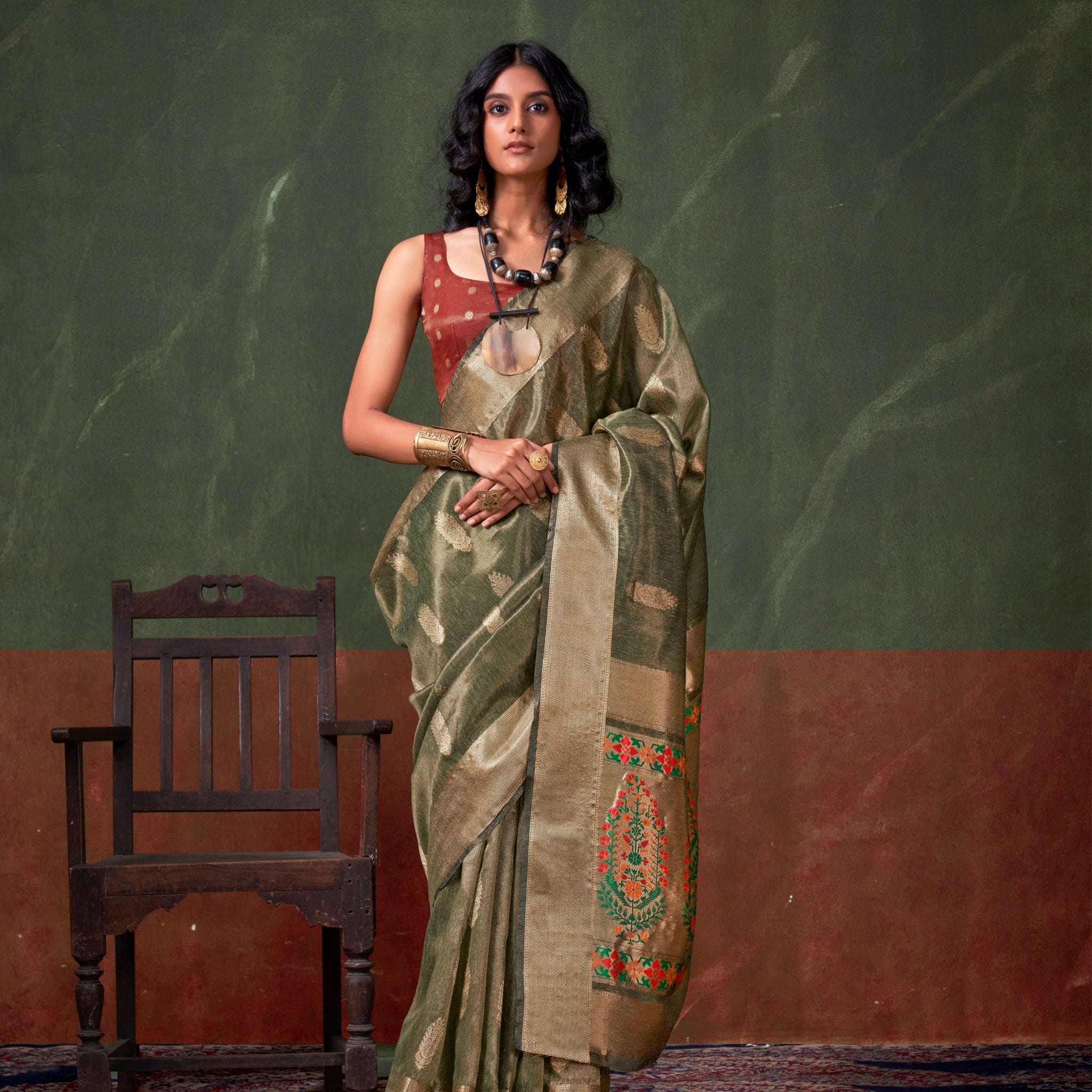 Olive Green Paithani Zari Tissue Silk Saree