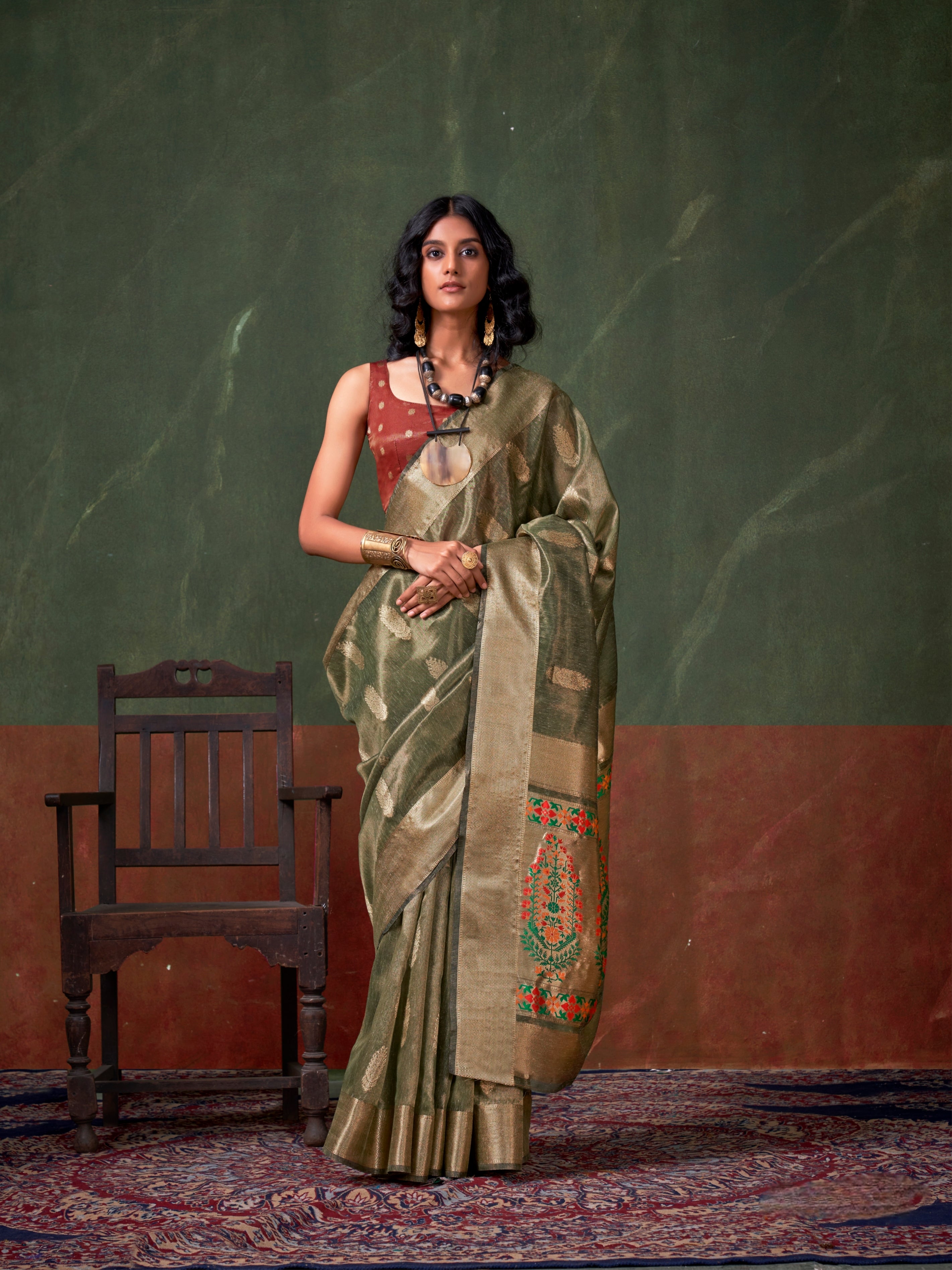 Olive Green Paithani Zari Tissue Silk Saree