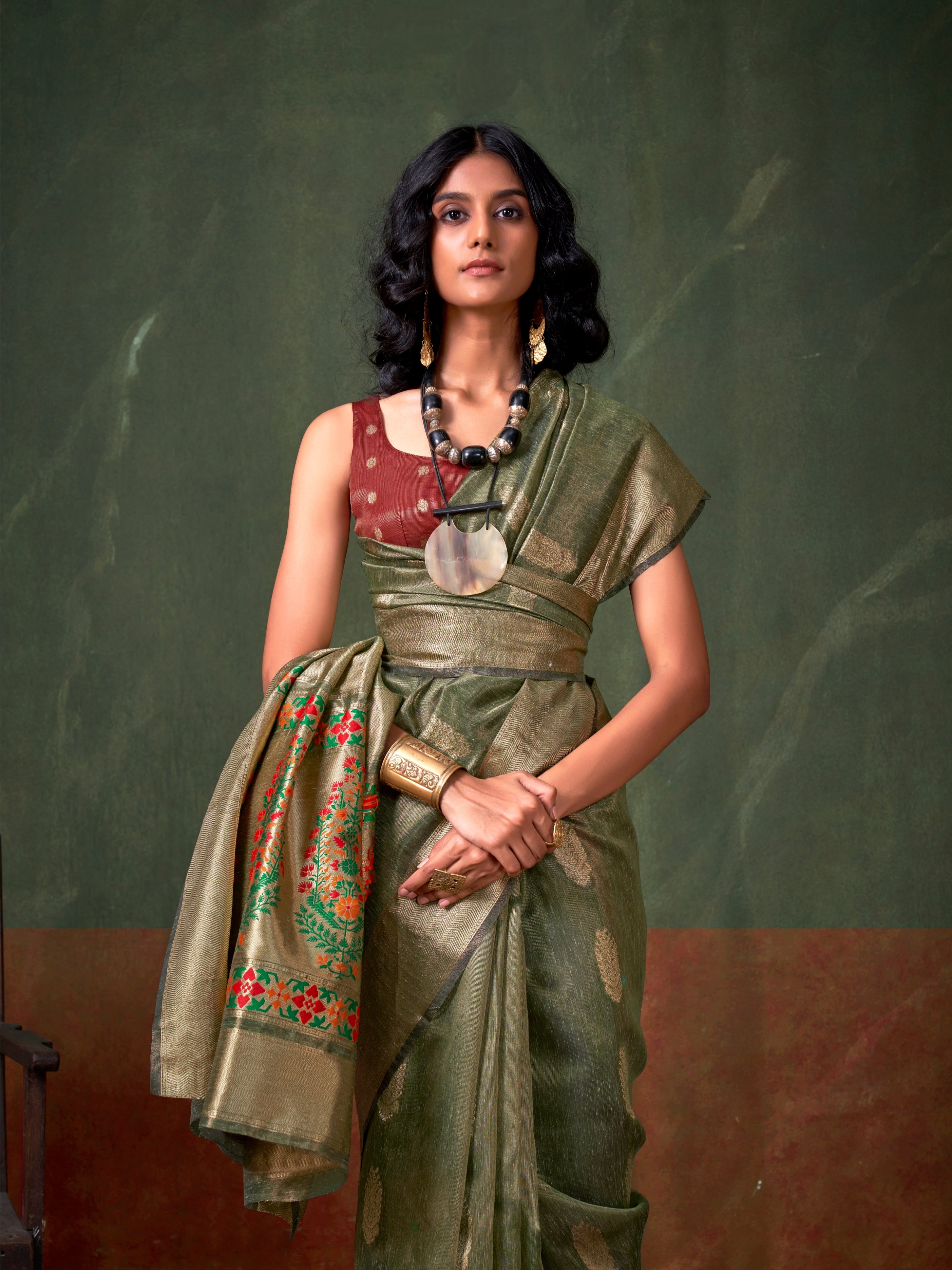 Olive Green Paithani Zari Tissue Silk Saree