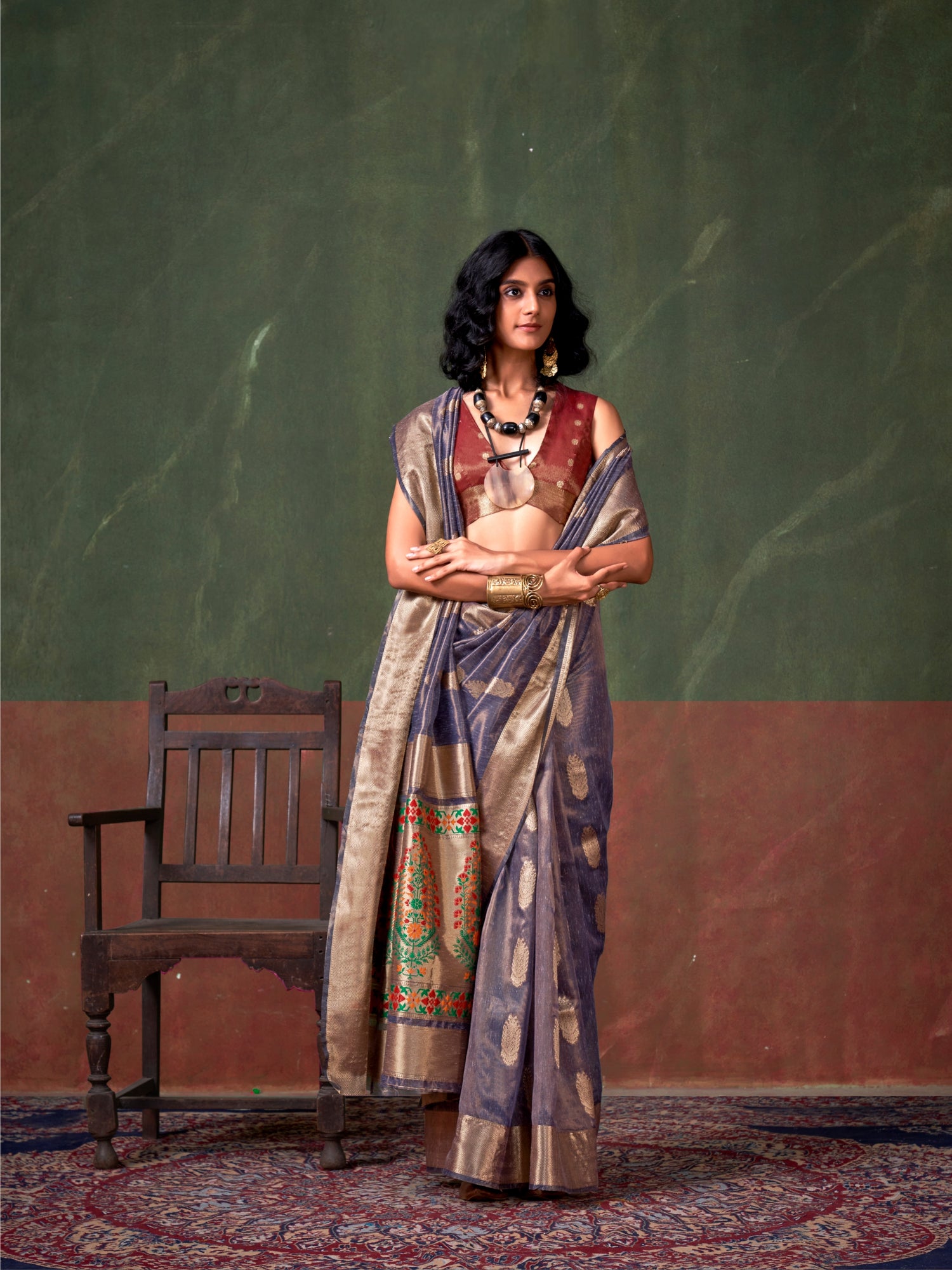 Royal Blue &amp; Gold Paithani Zari Tissue Silk Saree