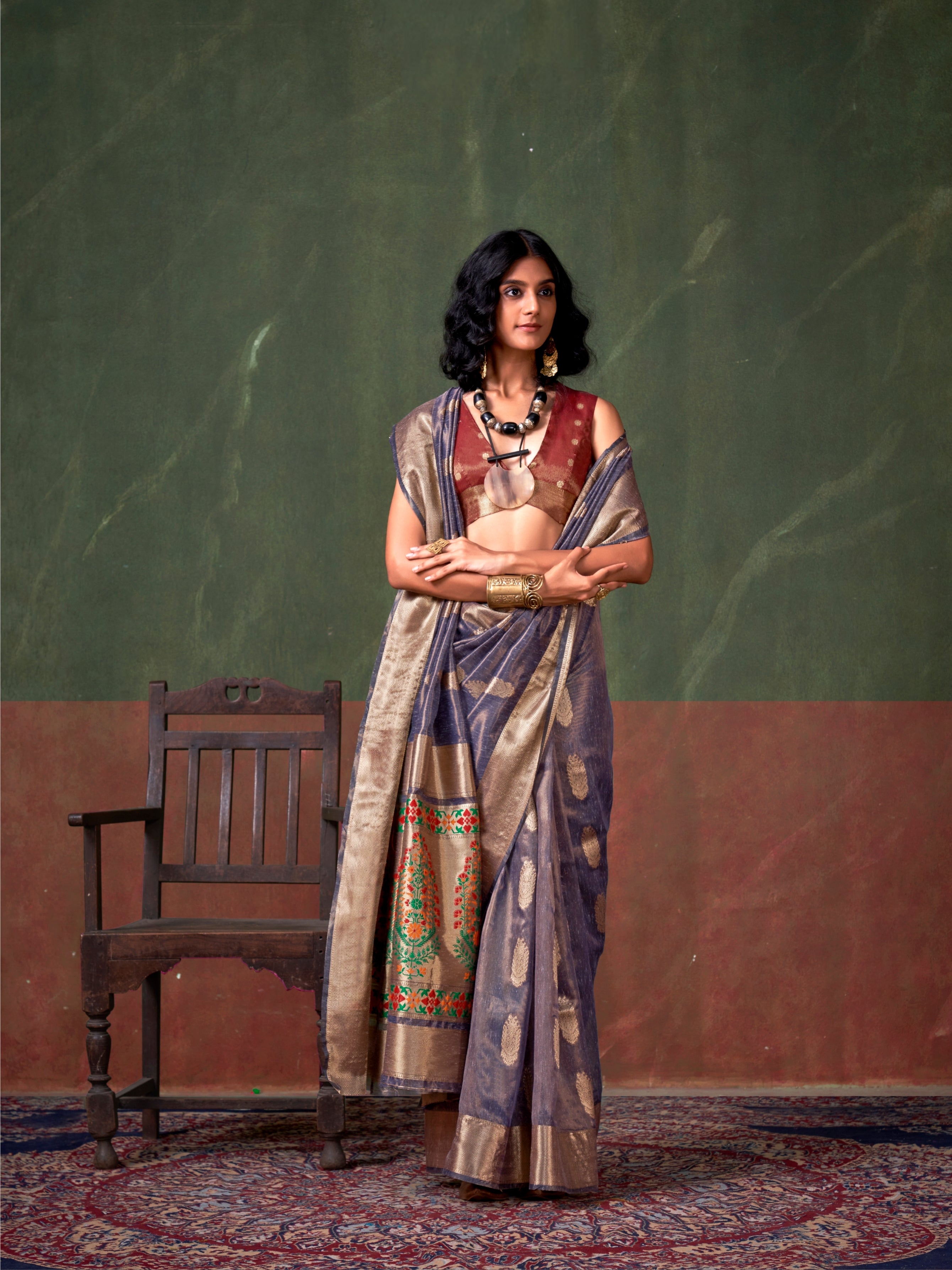 Royal Blue &amp; Gold Paithani Zari Tissue Silk Saree