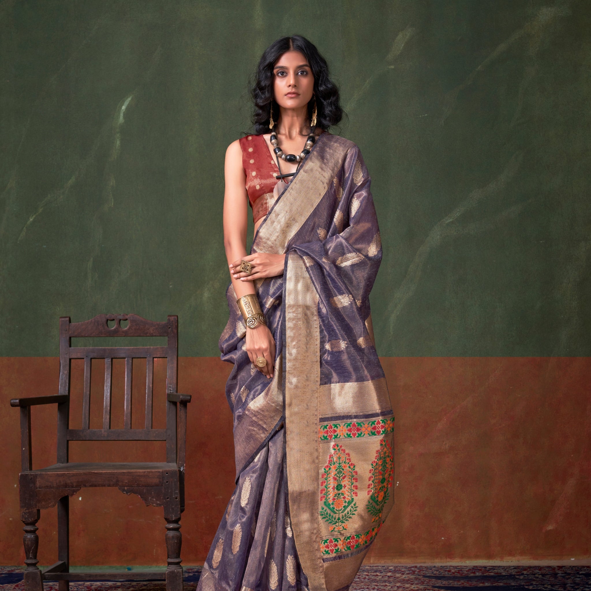 Royal Blue & Gold Paithani Zari Tissue Silk Saree