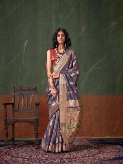 Royal Blue &amp; Gold Paithani Zari Tissue Silk Saree