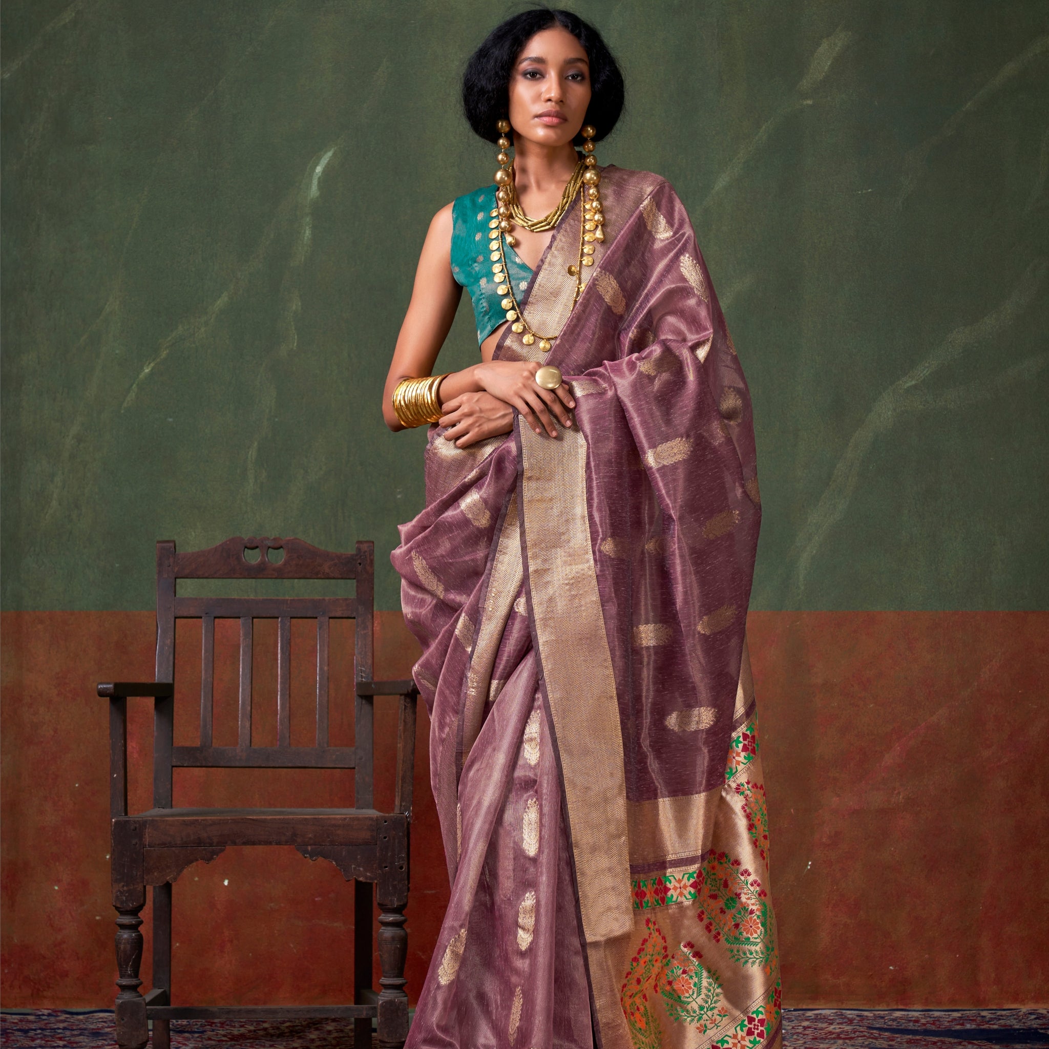 Plum Purple & Gold Paithani Zari Tissue Silk Saree