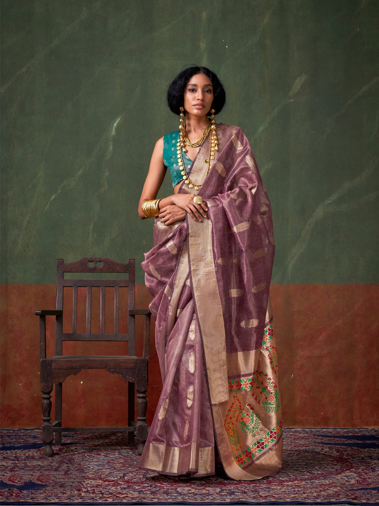 Plum Purple &amp; Gold Paithani Zari Tissue Silk Saree