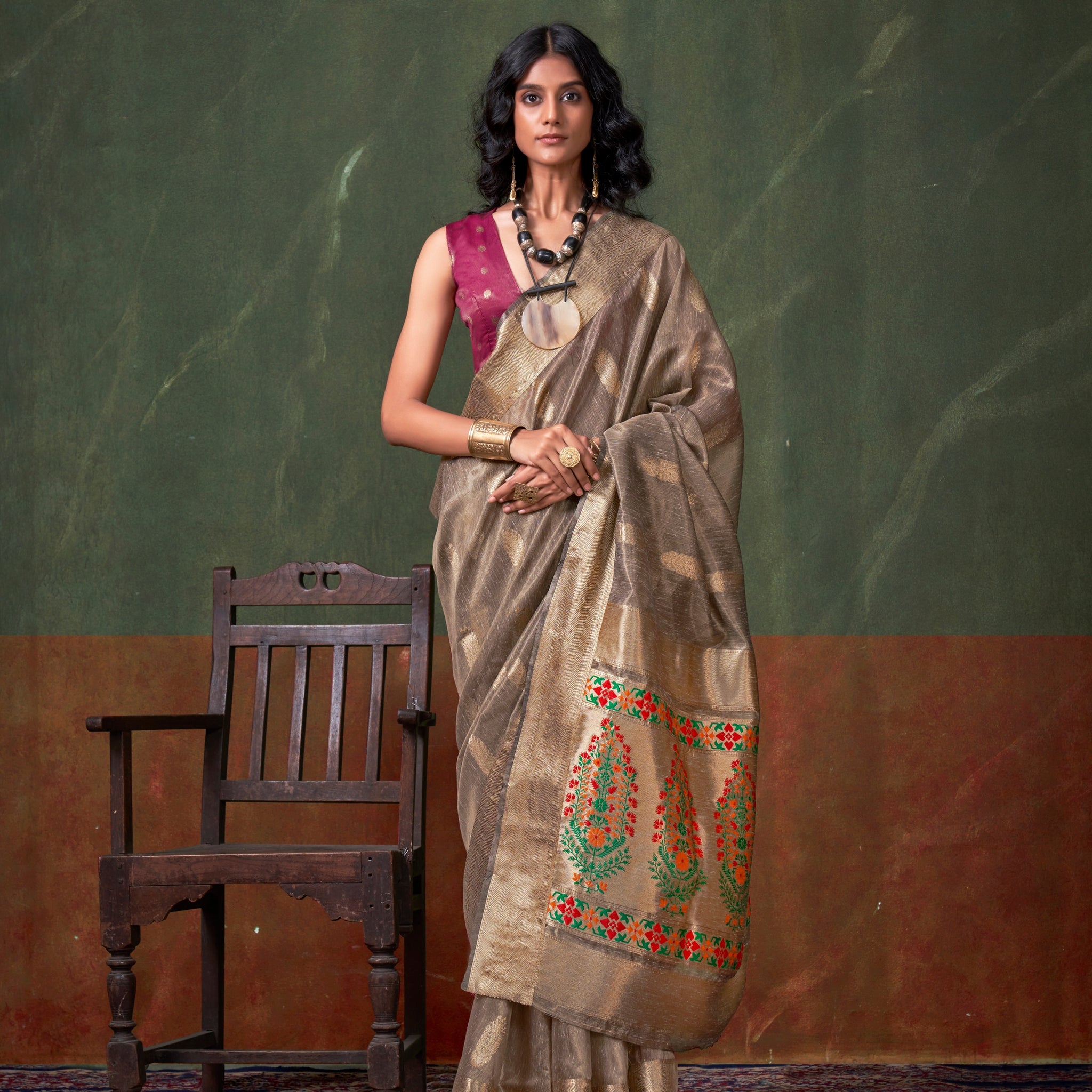 Beige Gold Paithani Zari Tissue Silk Saree