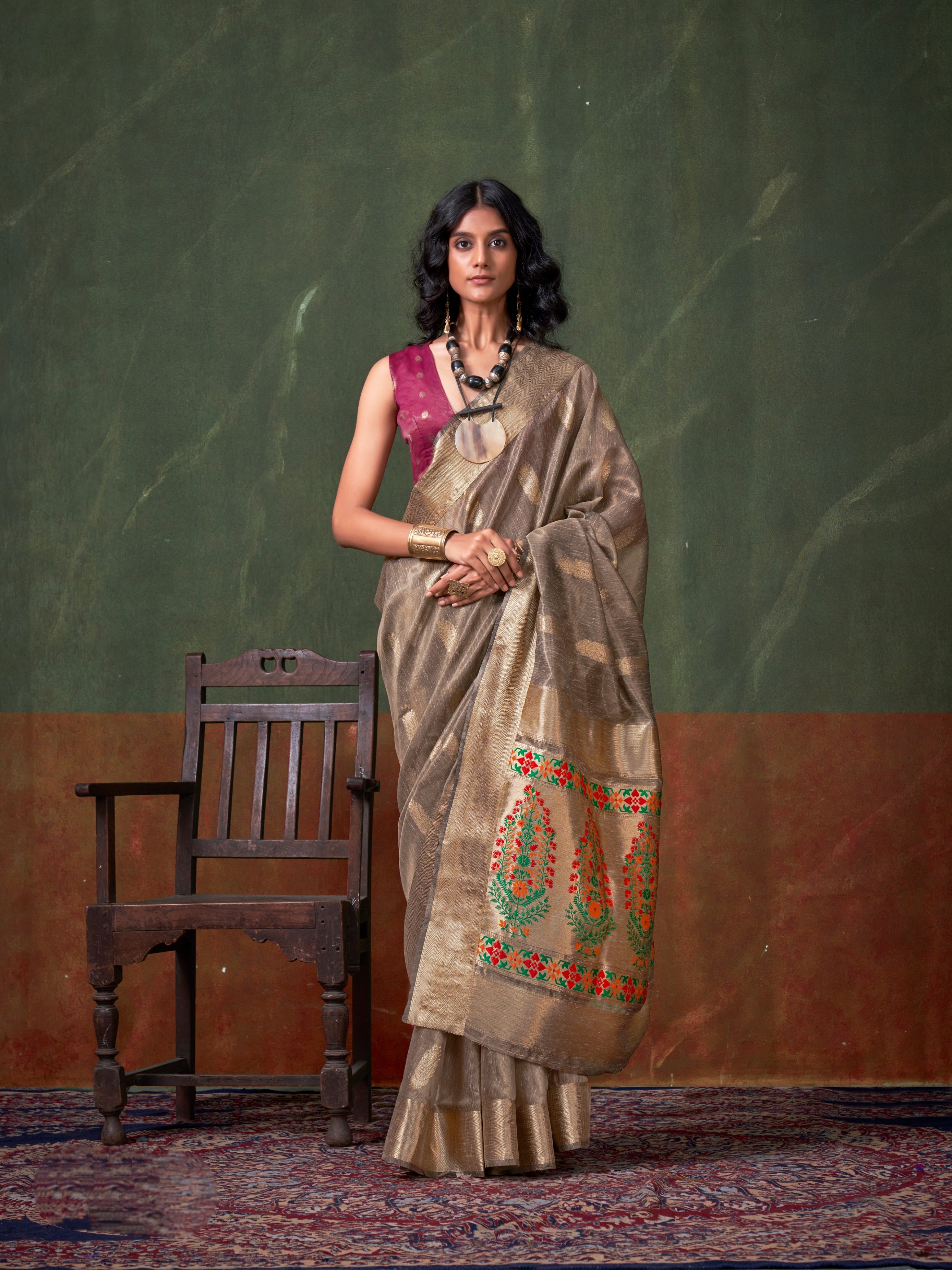 Beige Gold Paithani Zari Tissue Silk Saree