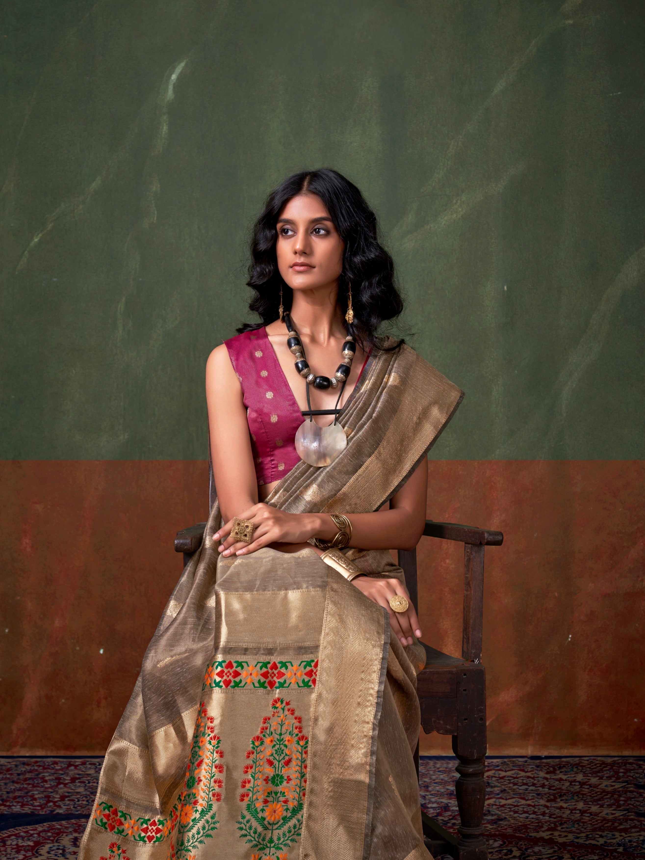 Beige Gold Paithani Zari Tissue Silk Saree