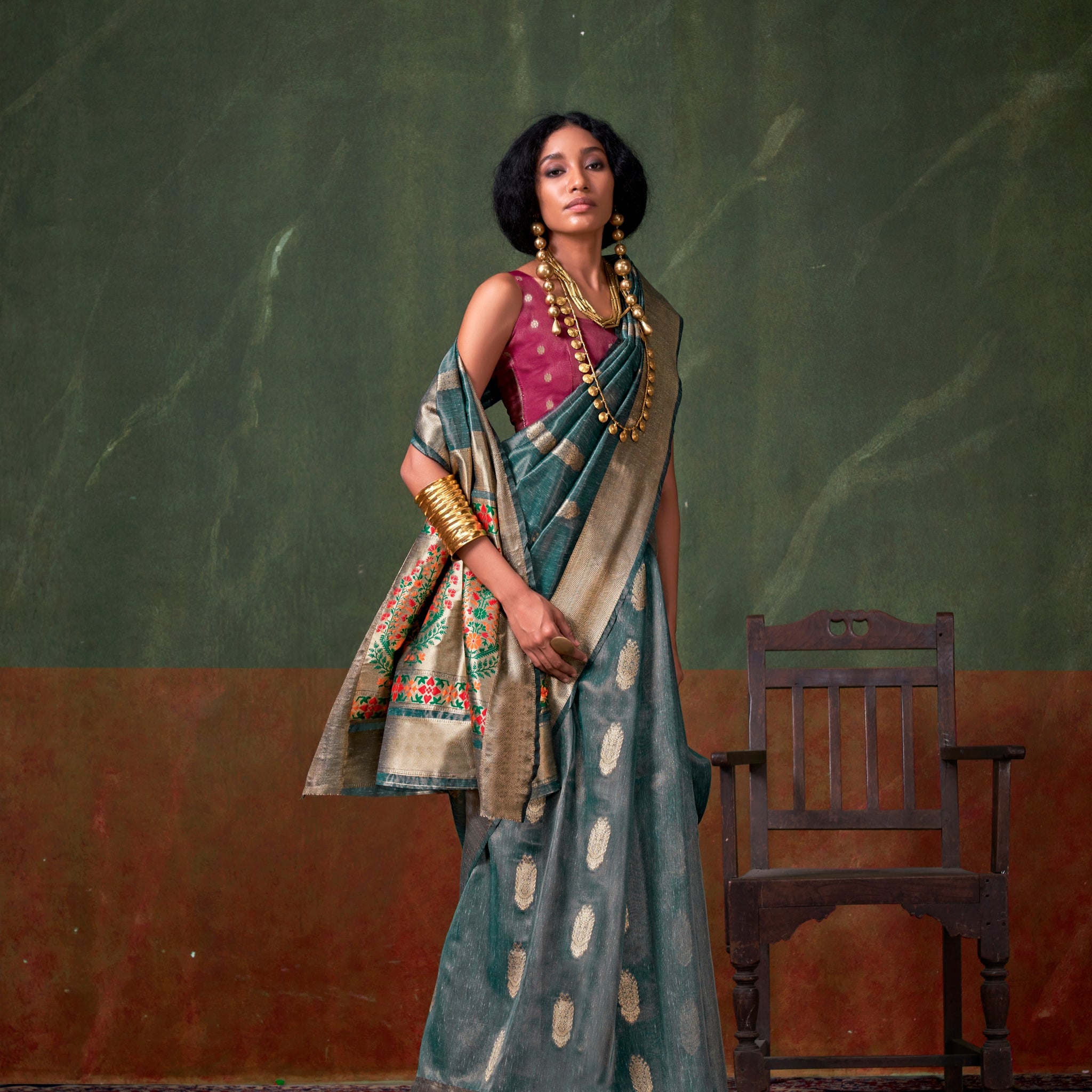 Steel Blue & Gold Paithani Zari Tissue Silk Saree