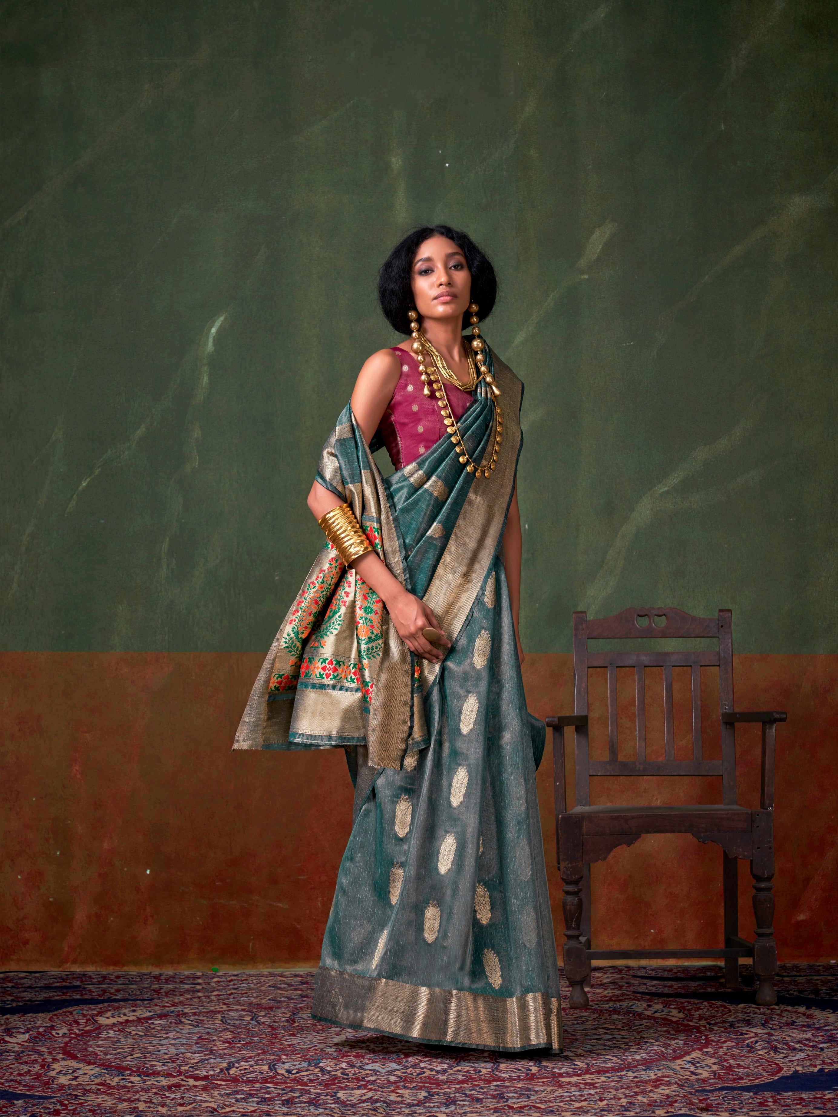 Steel Blue &amp; Gold Paithani Zari Tissue Silk Saree