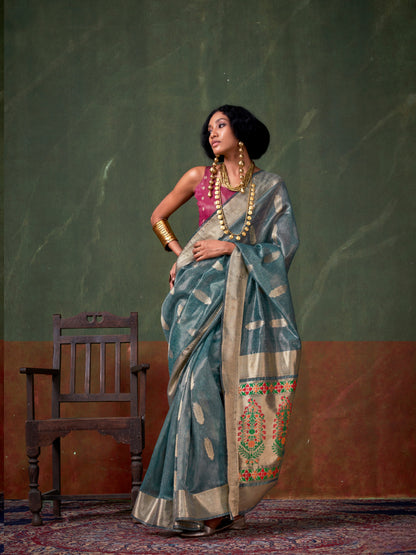 Steel Blue &amp; Gold Paithani Zari Tissue Silk Saree