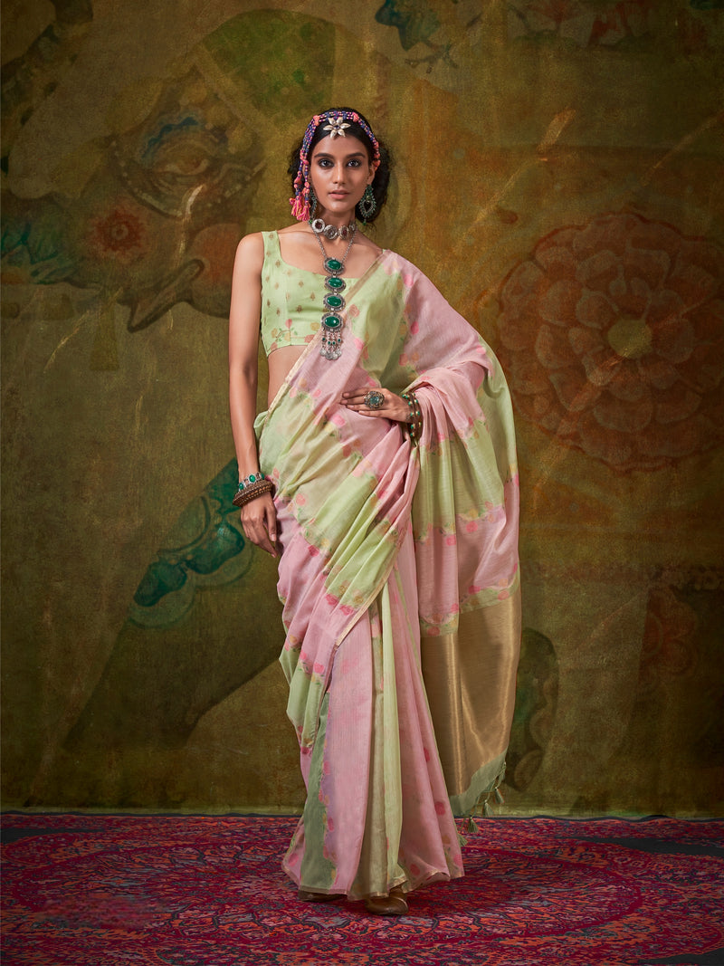 Pink & Light Green Spun Rangkaat Handloom Weaving Saree