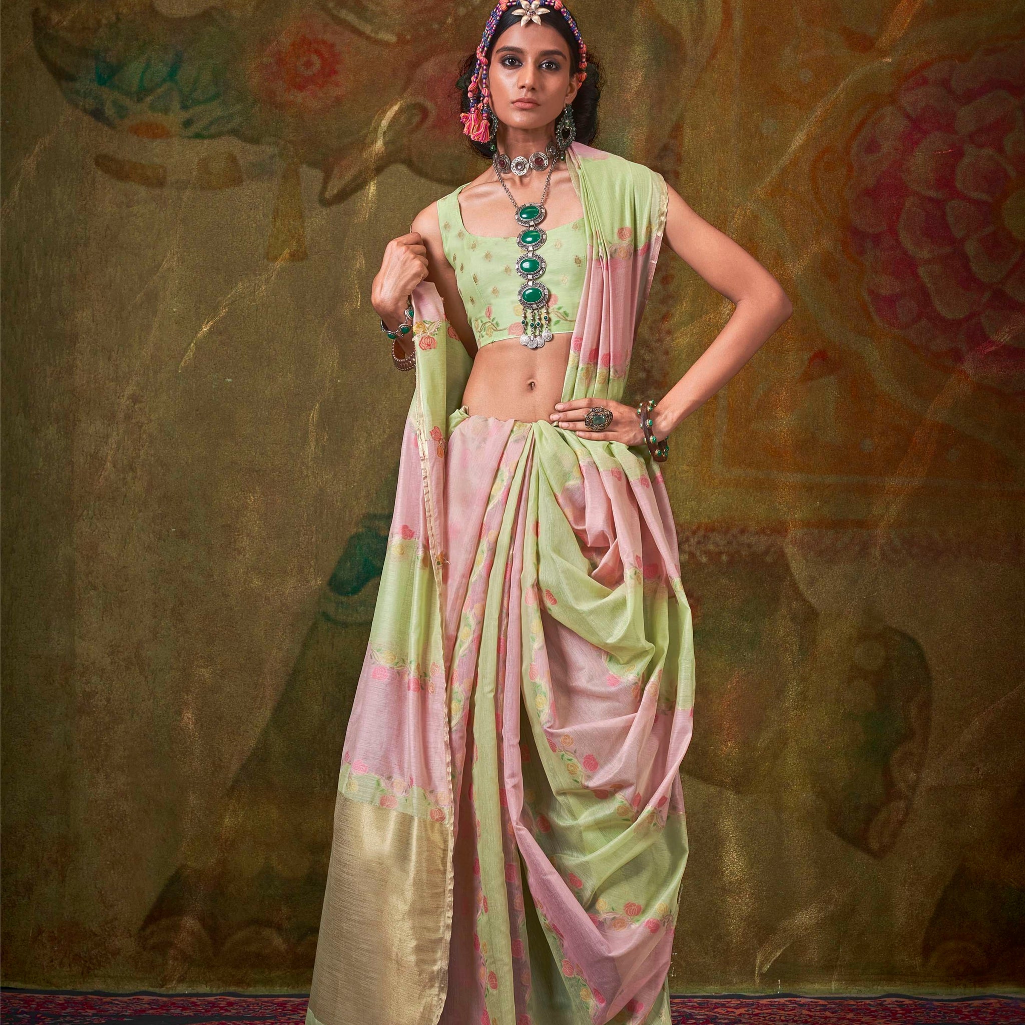Pink & Light Green Spun Rangkaat Handloom Weaving Saree