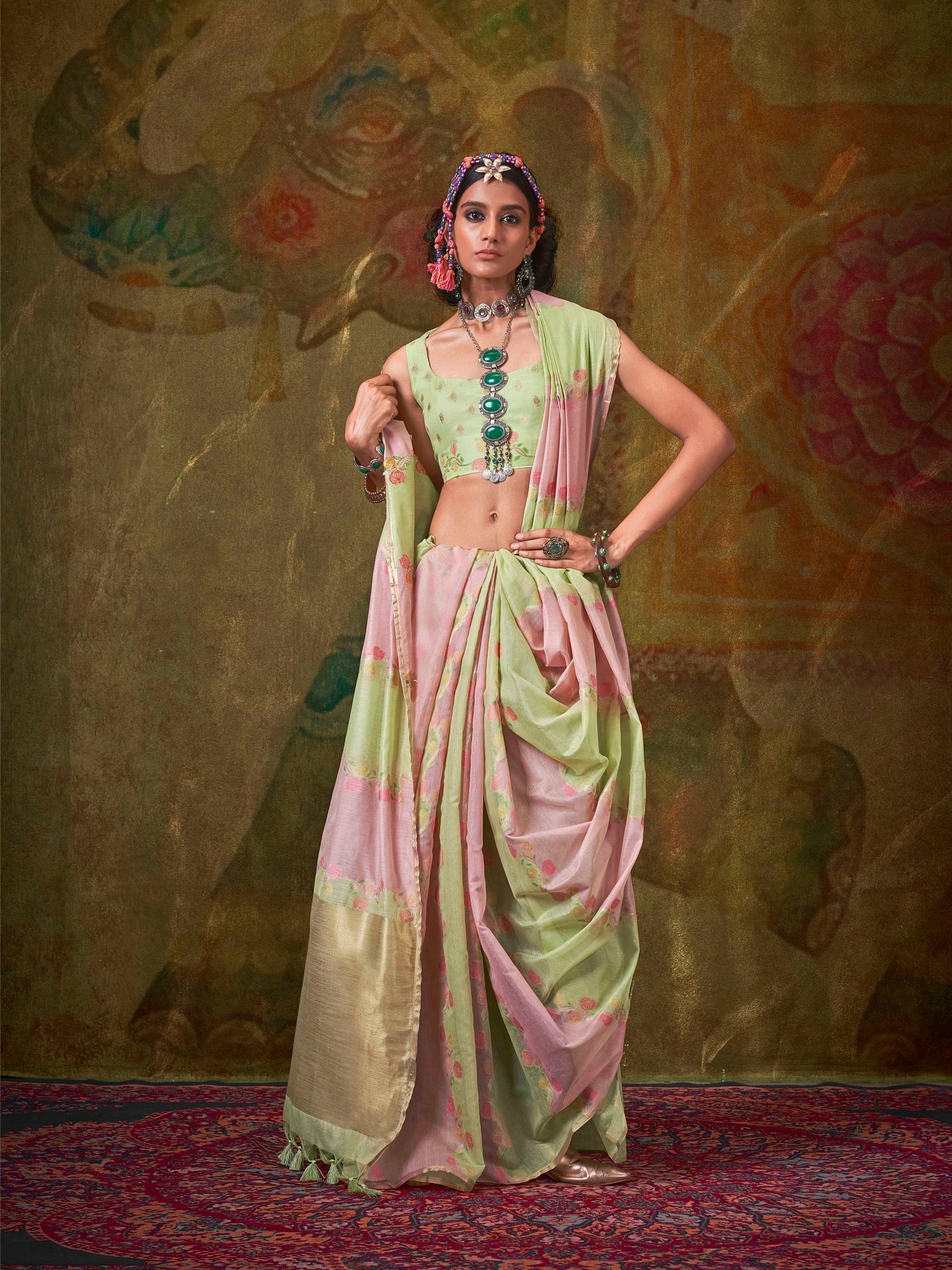 Pink &amp; Light Green Spun Rangkaat Handloom Weaving Saree