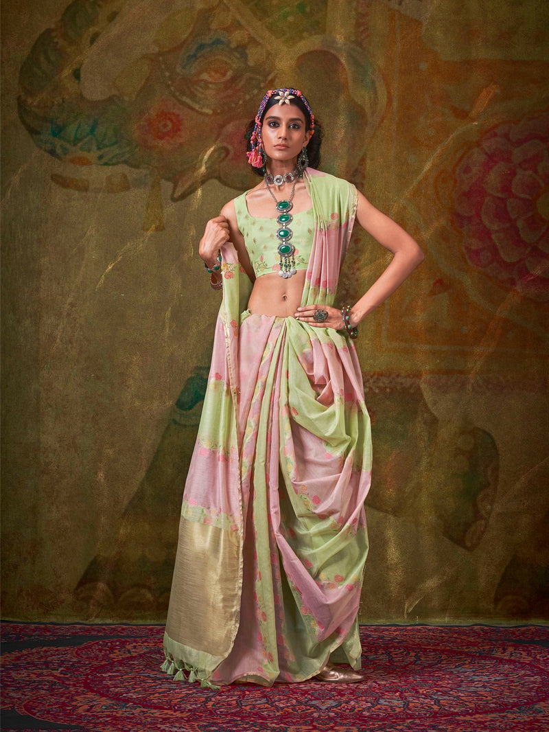 Pink & Light Green Spun Rangkaat Handloom Weaving Saree