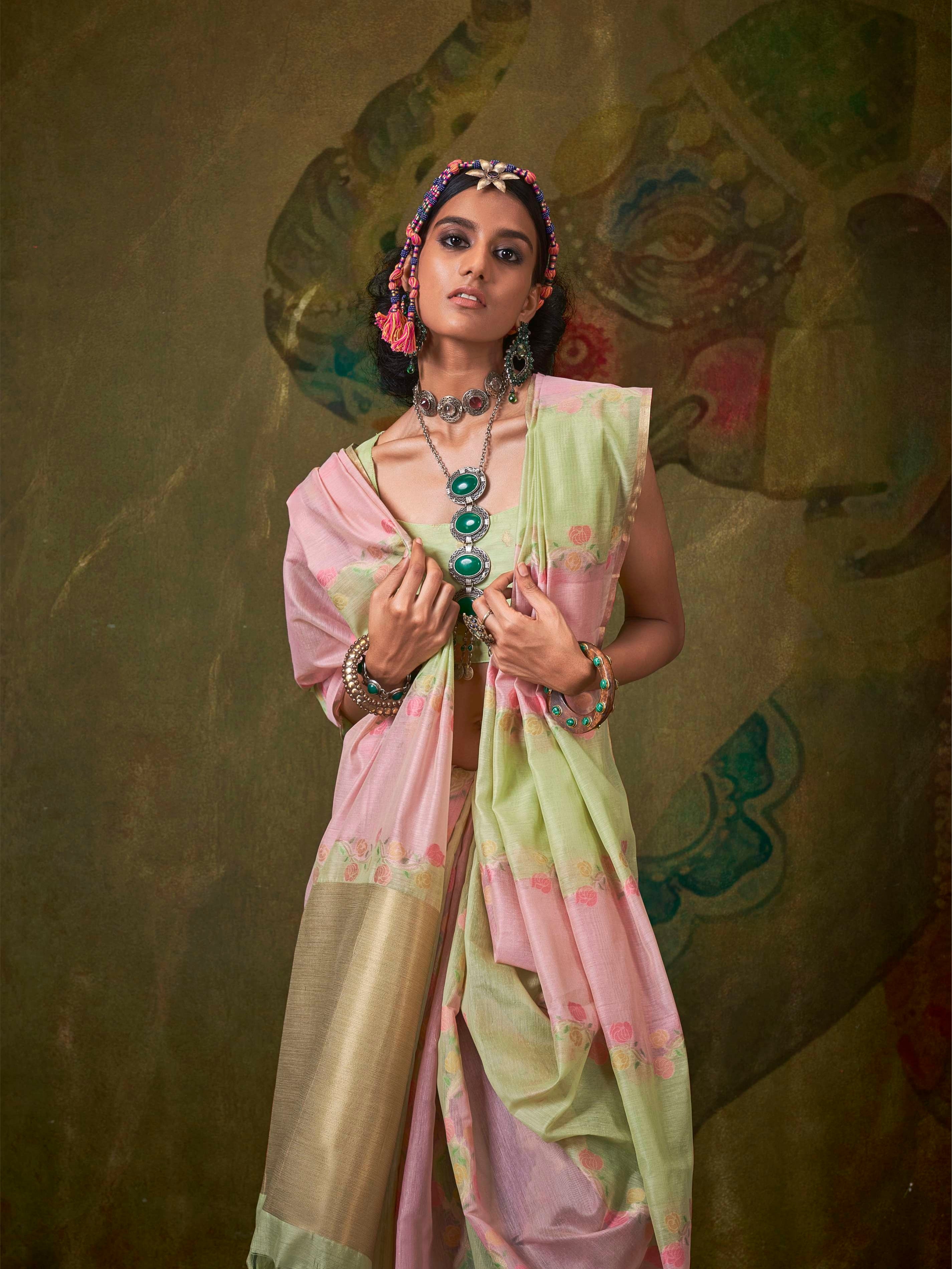 Pink &amp; Light Green Spun Rangkaat Handloom Weaving Saree