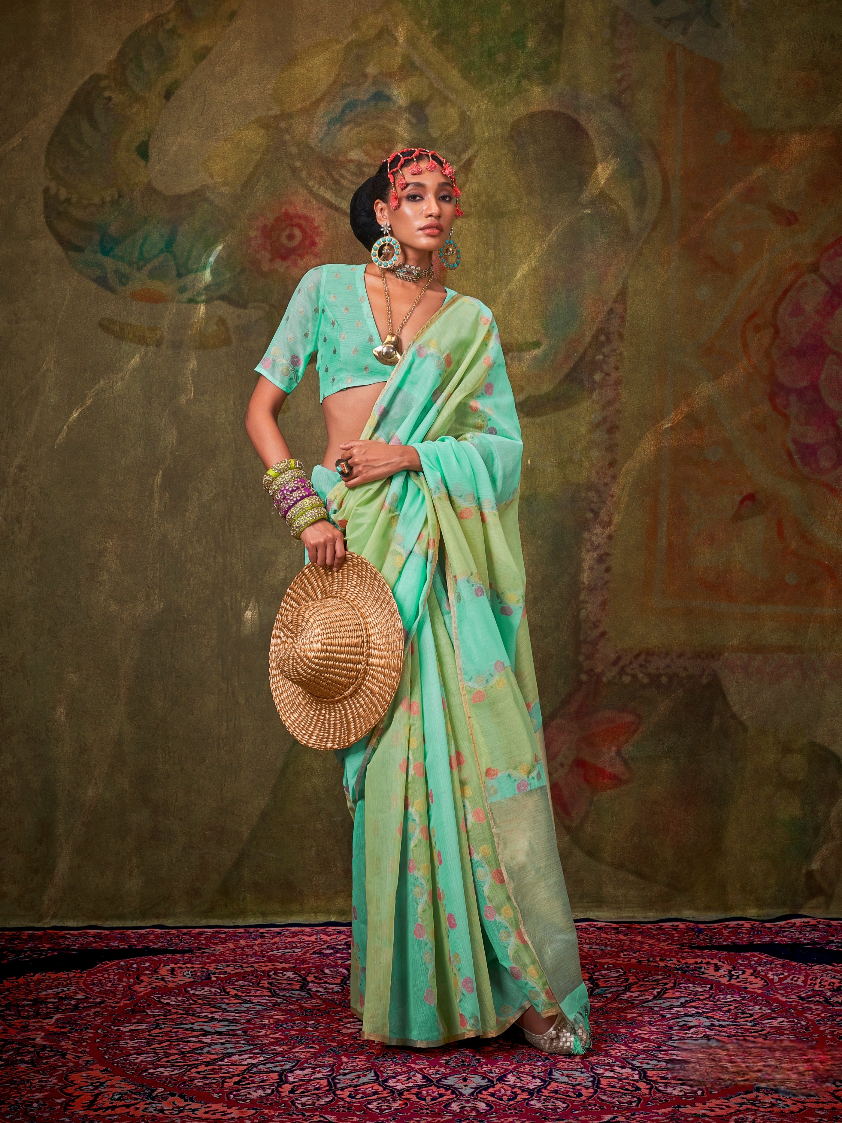 Mint Green & Peach Spun Rangkaat Weaving Silk Saree