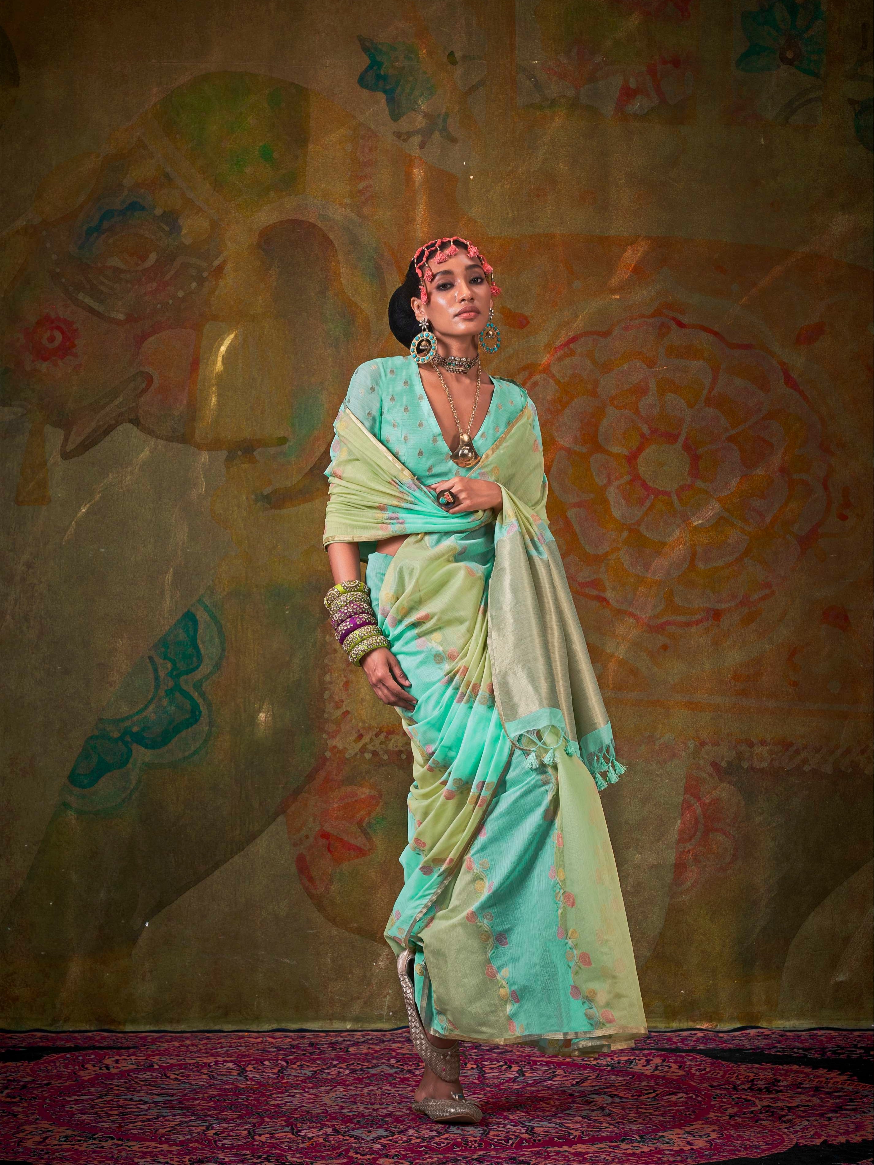 Mint Green & Peach Spun Rangkaat Weaving Silk Saree