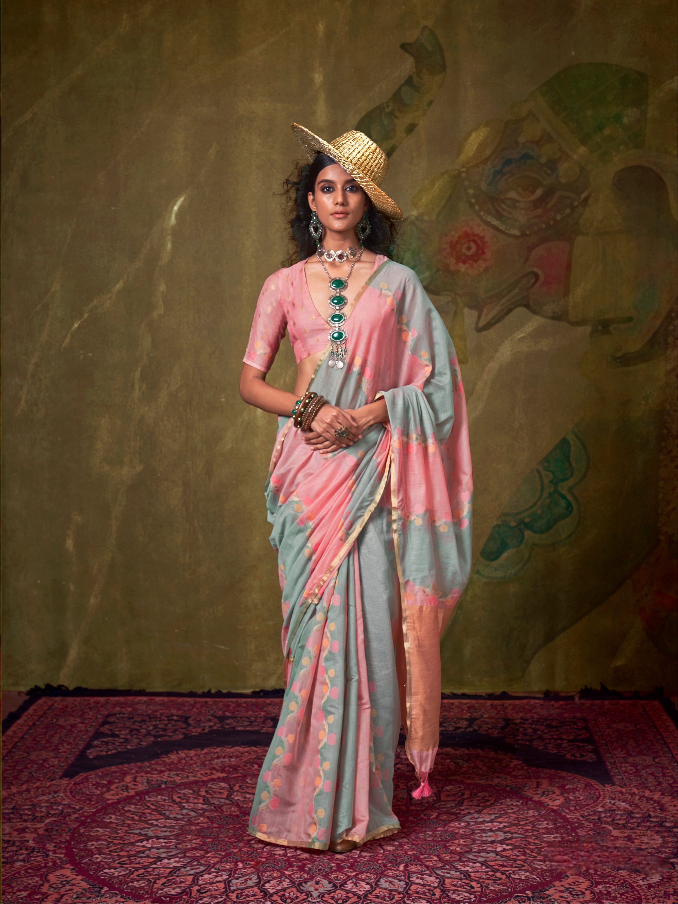 Pastel Blue &amp; Coral Peach Spun Rangkaat Weaving Silk Saree