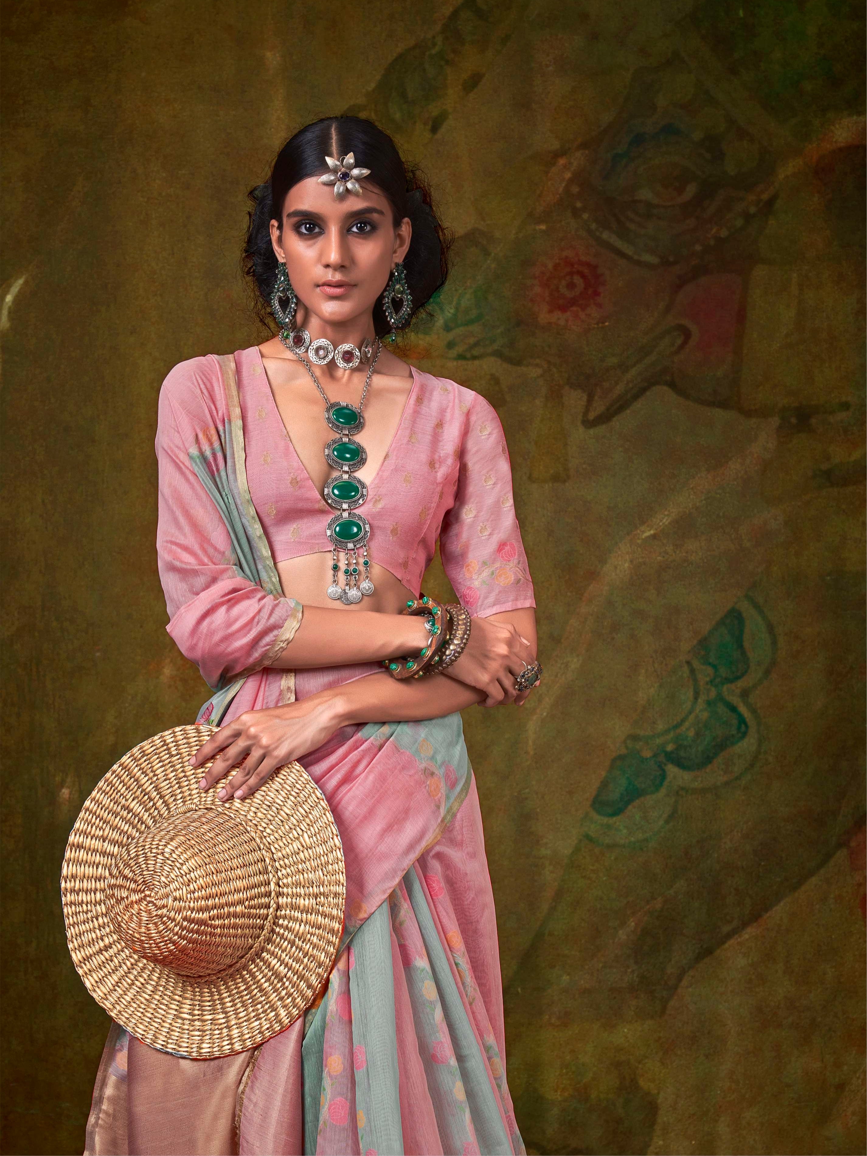 Pastel Blue & Coral Peach Spun Rangkaat Weaving Silk Saree