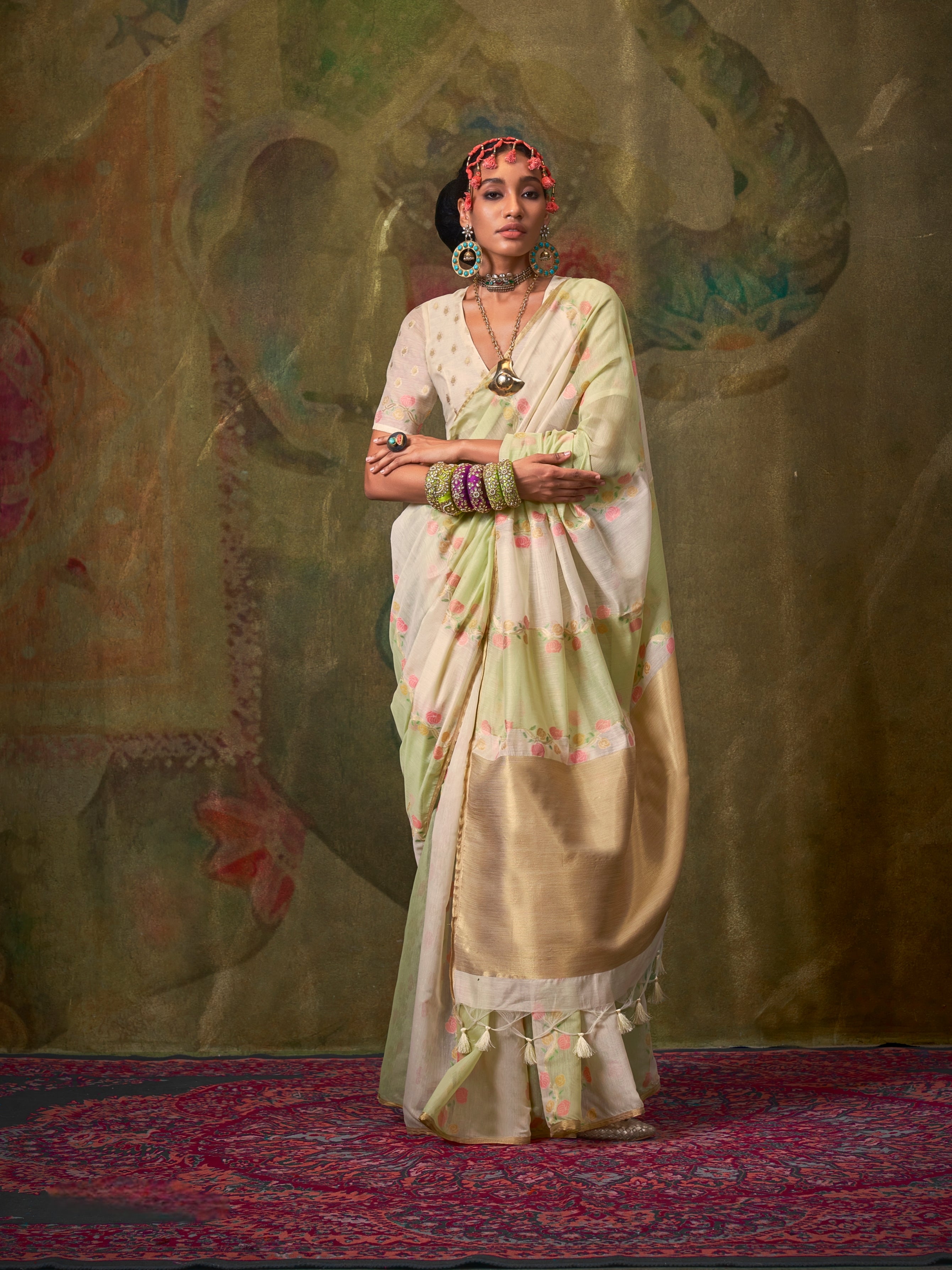 Ivory &amp; Light Green Spun Rangkaat Weaving Silk Saree