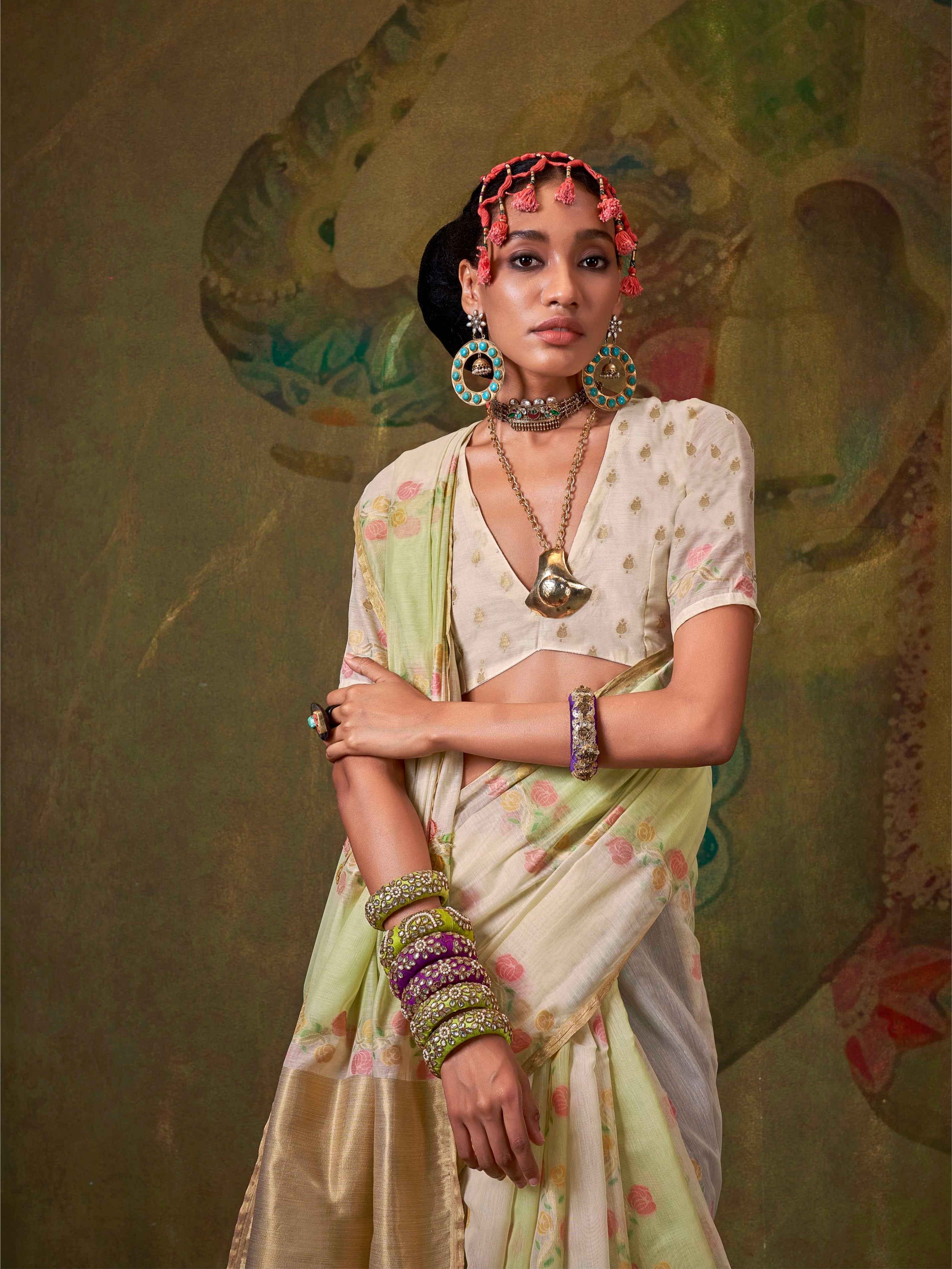 Ivory &amp; Light Green Spun Rangkaat Weaving Silk Saree
