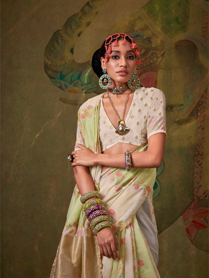 Ivory &amp; Light Green Spun Rangkaat Weaving Silk Saree