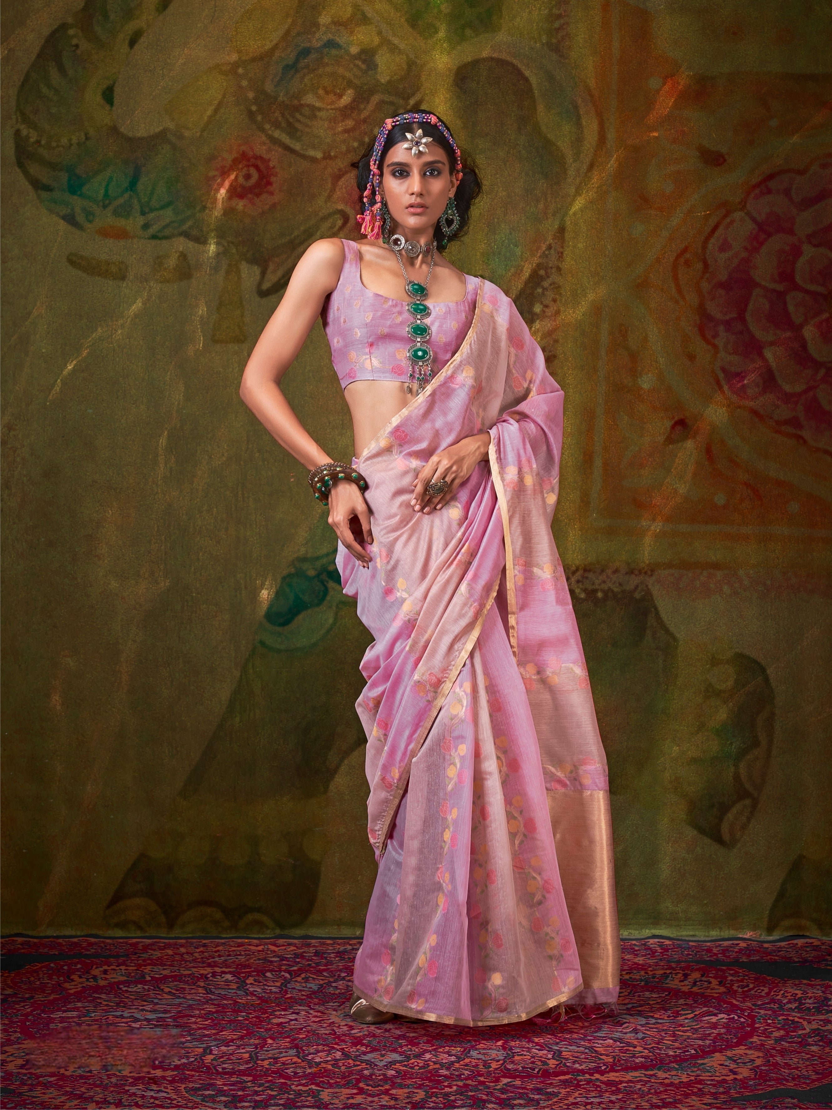 Lavender & Blush Pink Spun Rangkaat Weaving Silk Saree