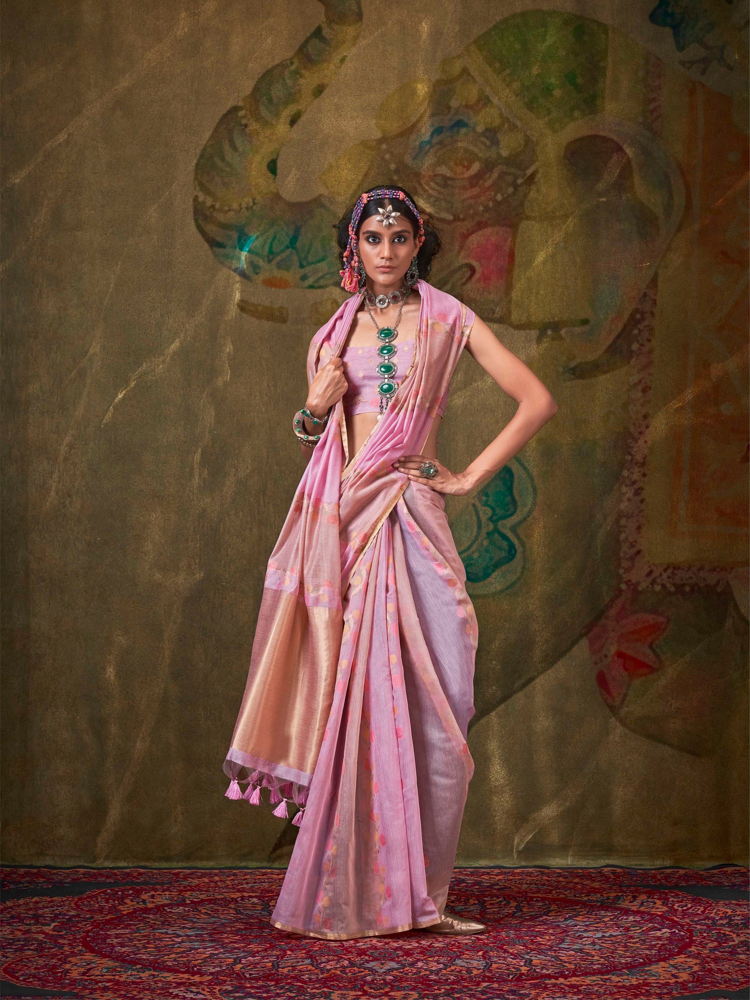 Lavender &amp; Blush Pink Spun Rangkaat Weaving Silk Saree
