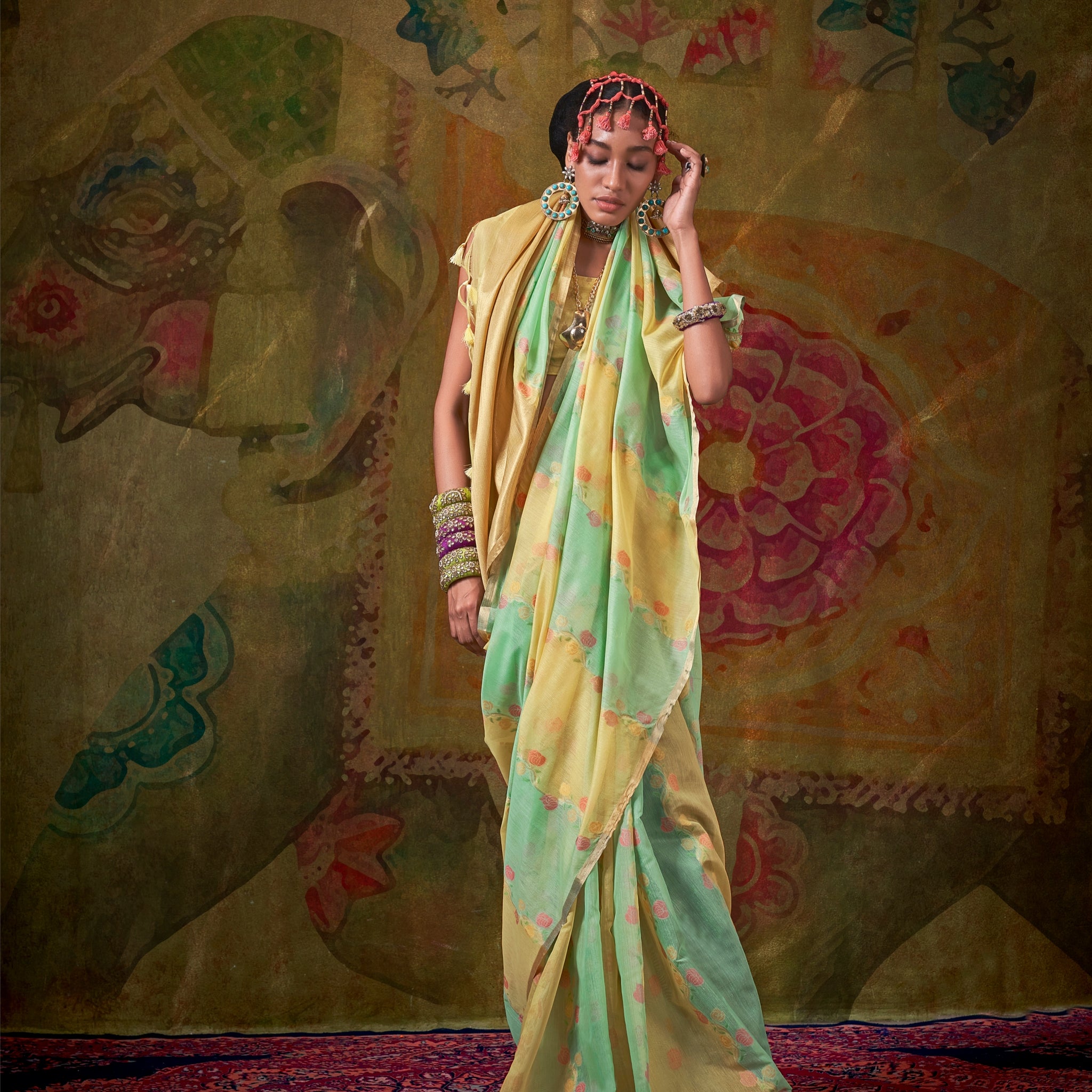 Pastel Yellow & Aqua Green Spun Rangkaat Weaving Silk Saree