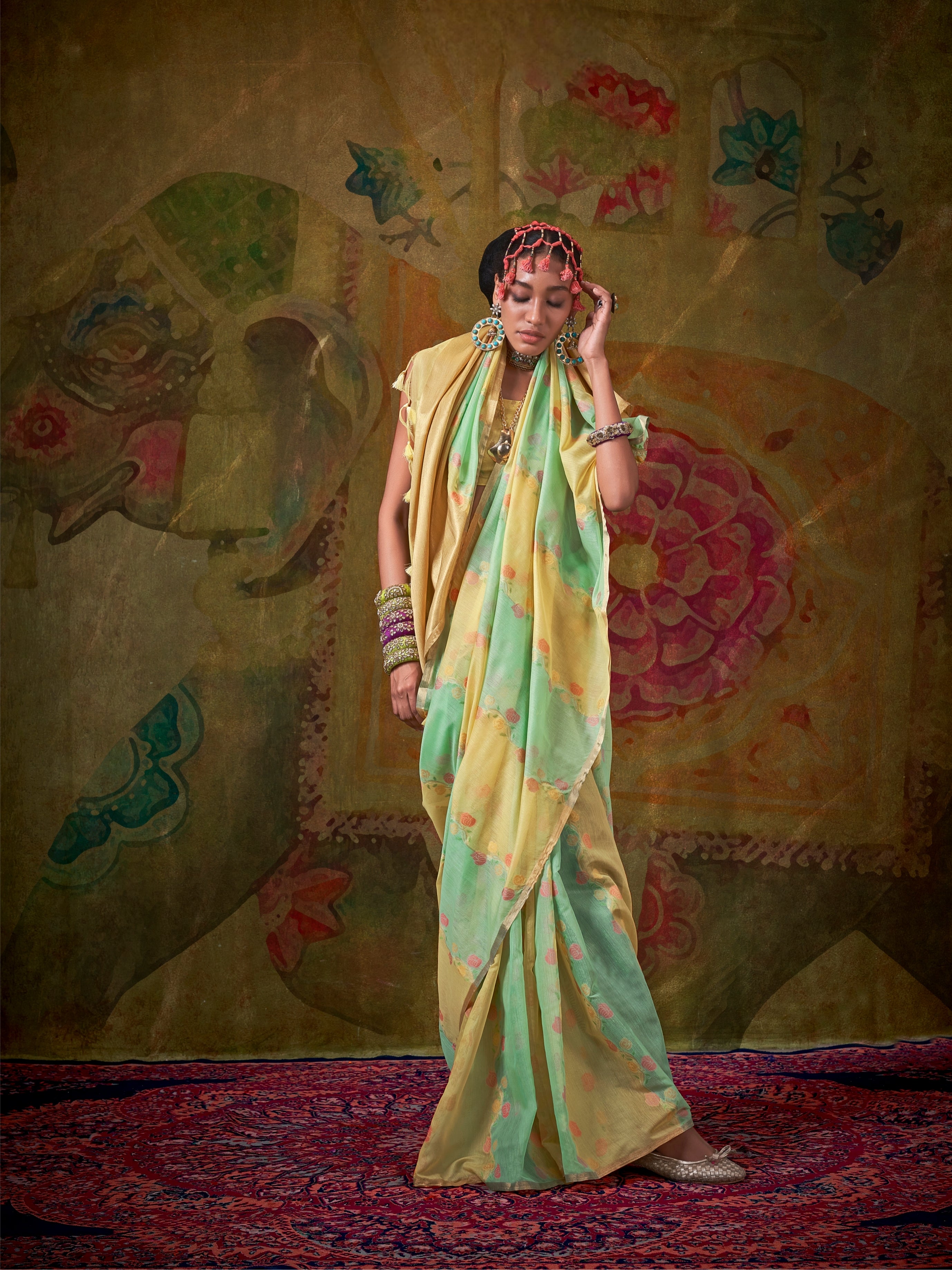 Pastel Yellow & Aqua Green Spun Rangkaat Weaving Silk Saree