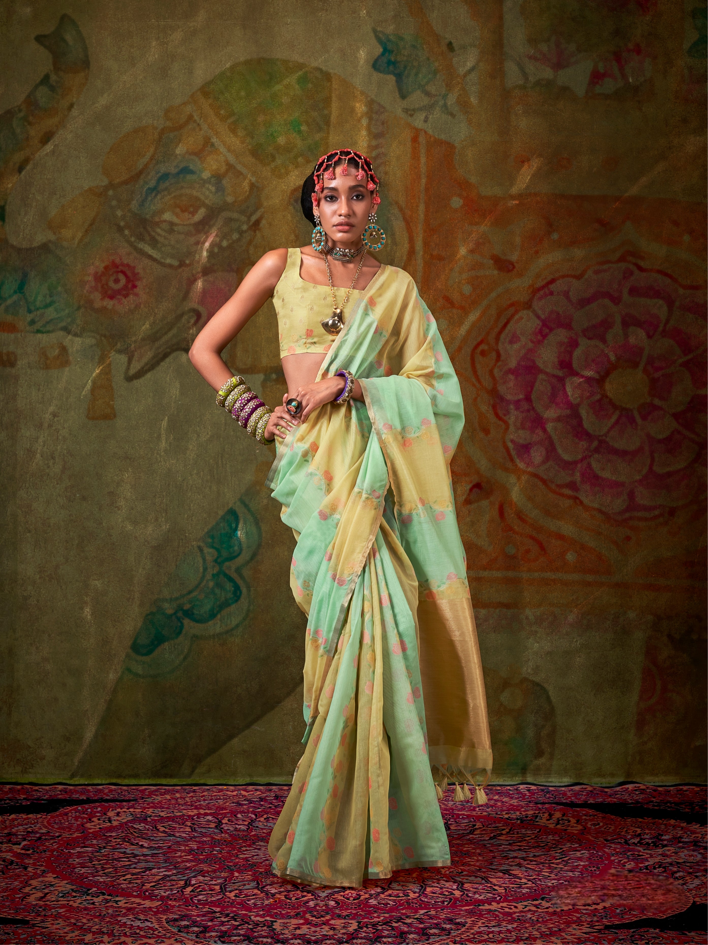 Pastel Yellow & Aqua Green Spun Rangkaat Weaving Silk Saree