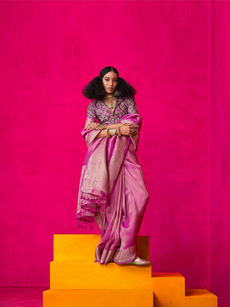 Pink Pure Zari Tissue Saree with Rich Zari Weaving Border