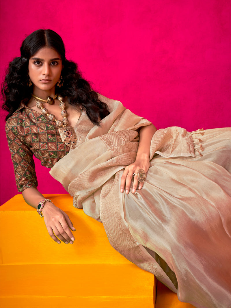 Ivory Pure Zari Tissue Saree with Golden Weaving Border