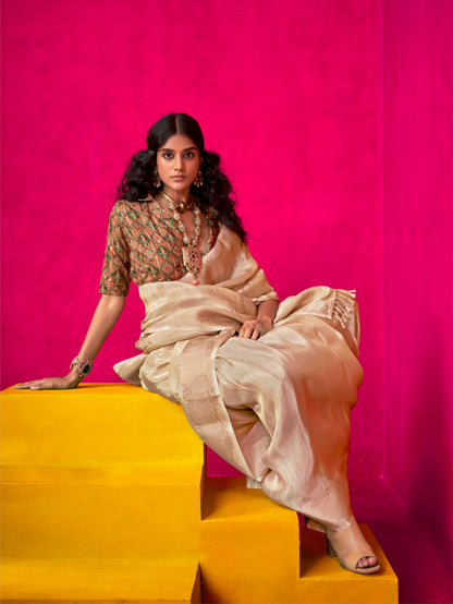 Ivory Pure Zari Tissue Saree with Golden Weaving Border