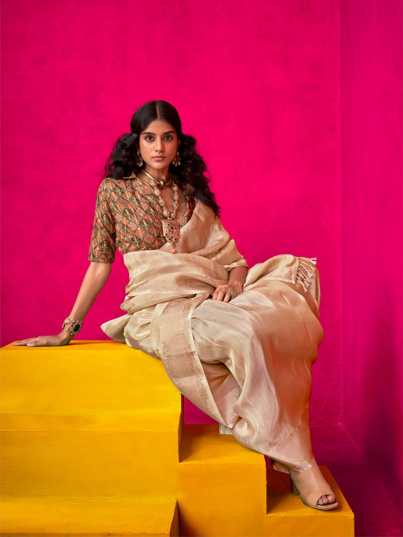 Ivory Pure Zari Tissue Saree with Golden Weaving Border