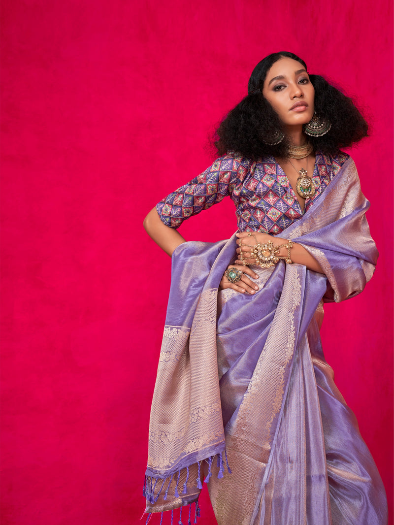 Purple Pure Zari Tissue Saree with Zari Weaving Border