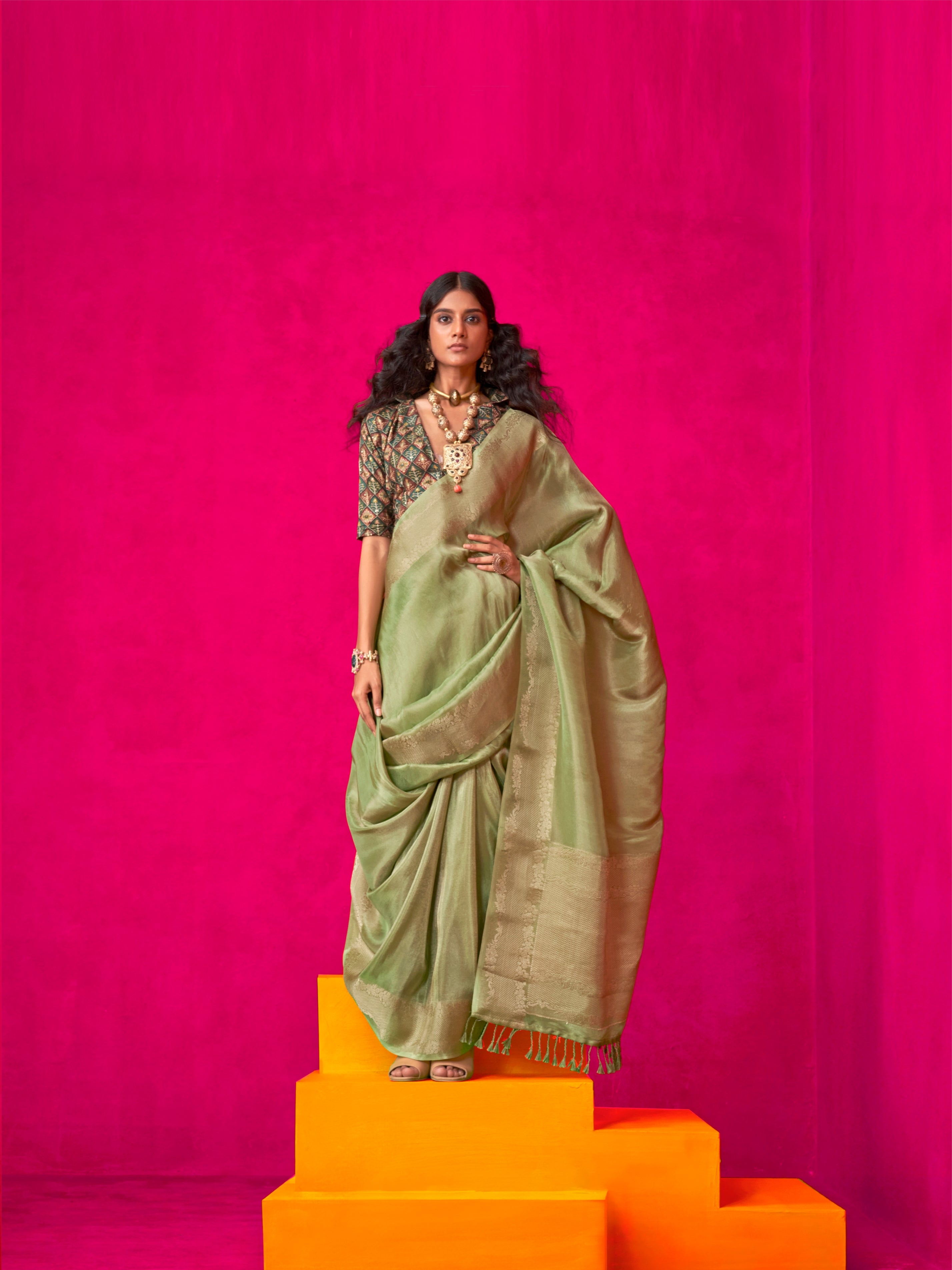 Green Pure Zari Tissue Saree with Golden Weaving Border