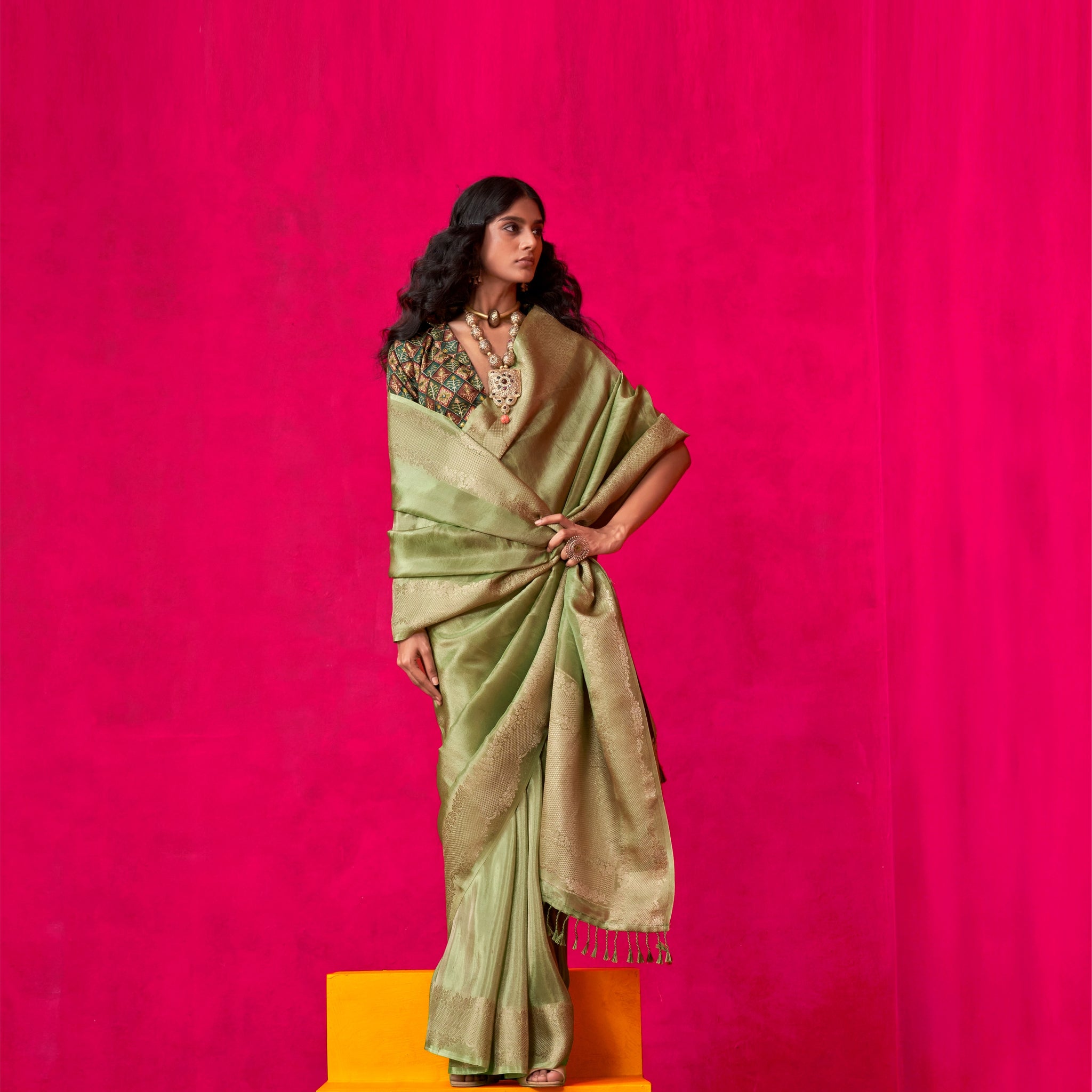 Green Pure Zari Tissue Saree with Golden Weaving Border