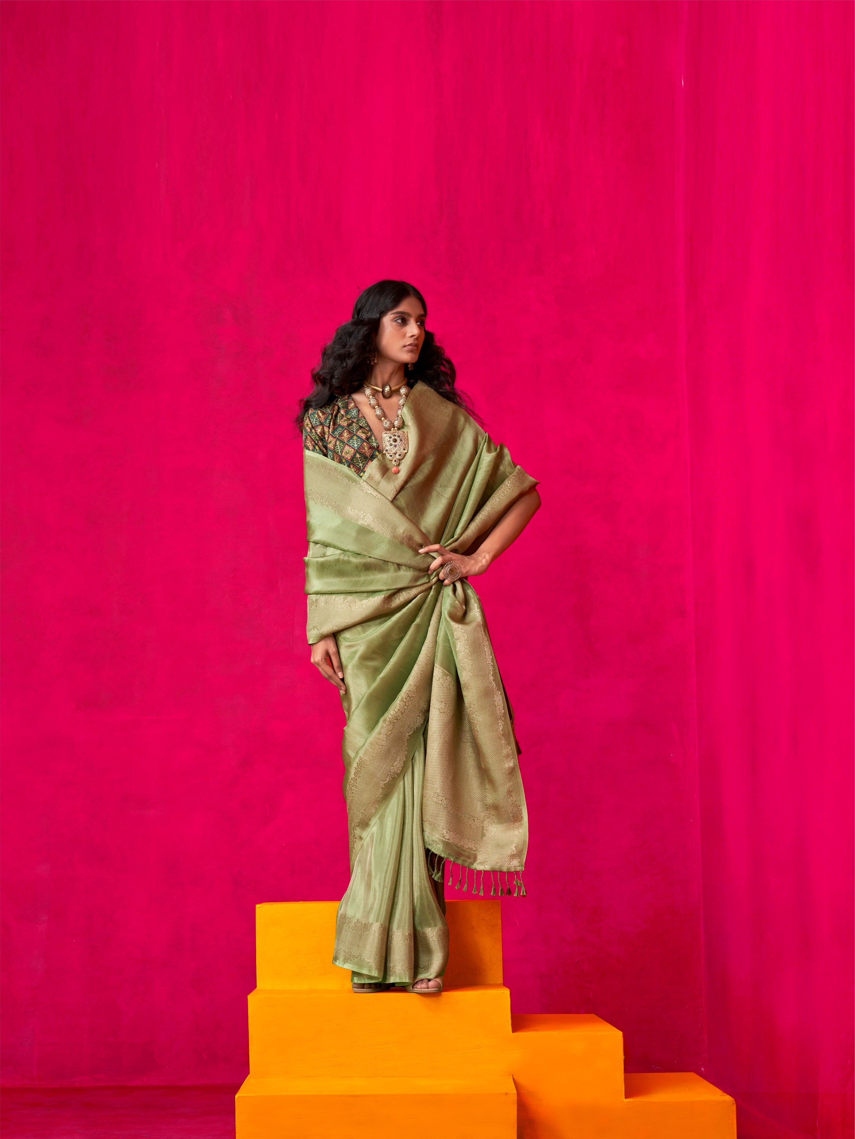 Green Pure Zari Tissue Saree with Golden Weaving Border